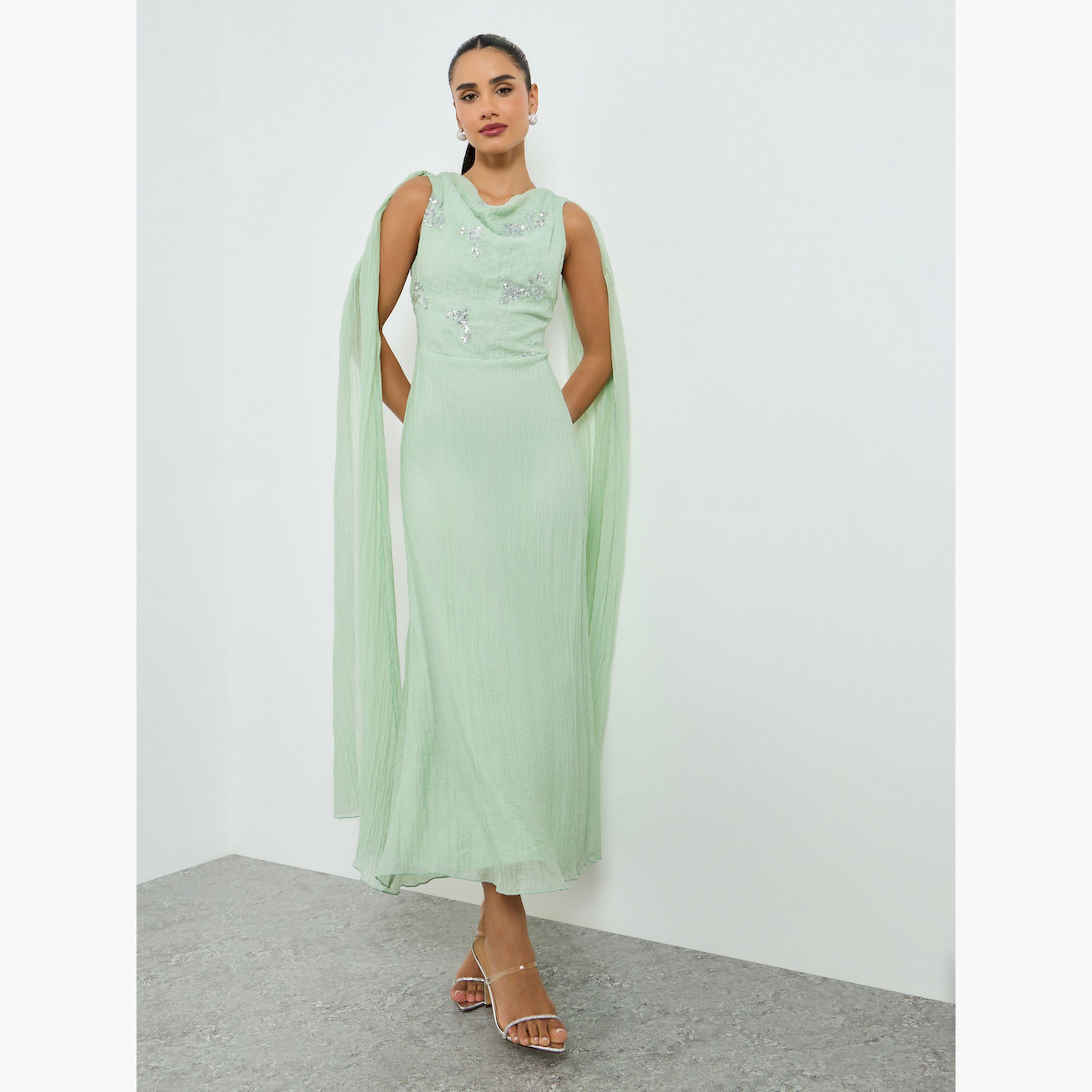 Styli Green Embellished Sleeveless Maxi Dress with Cape-women-clothing-dresses-image-3