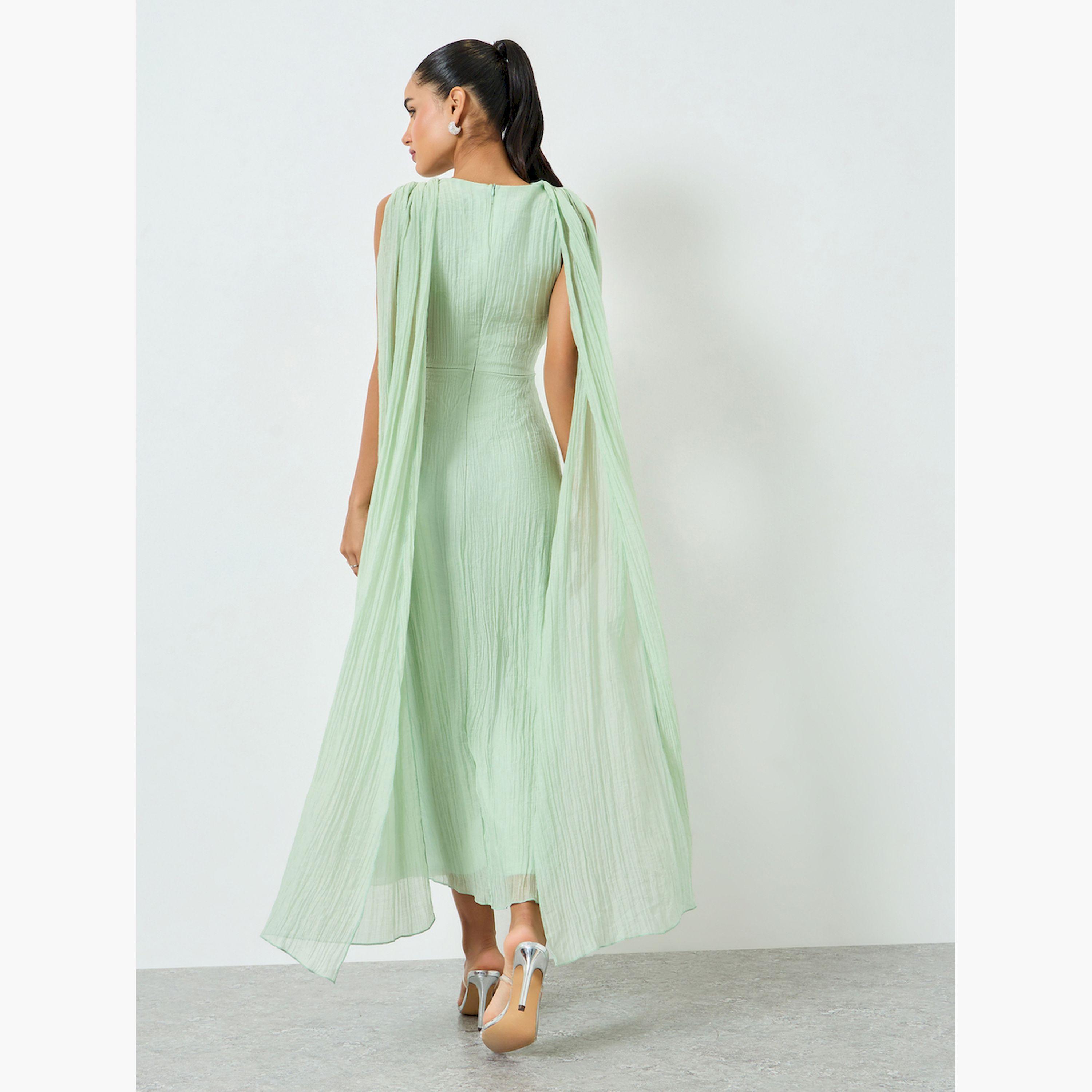 Styli Green Embellished Sleeveless Maxi Dress with Cape-women-clothing-dresses-image-4