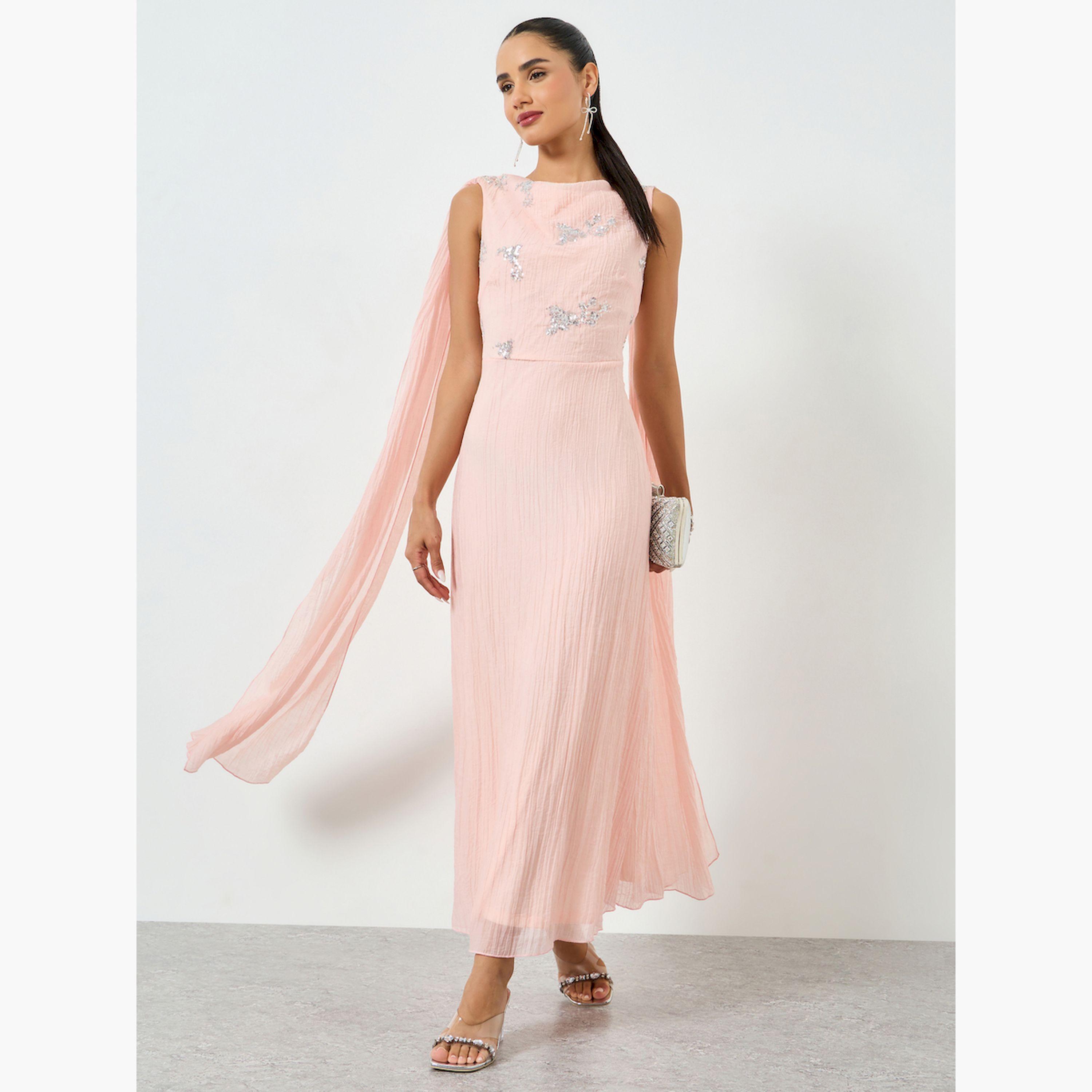 Styli Pink Sequin Embellished Sleeveless Maxi Dress with Cape-women-clothing-dresses-image-1