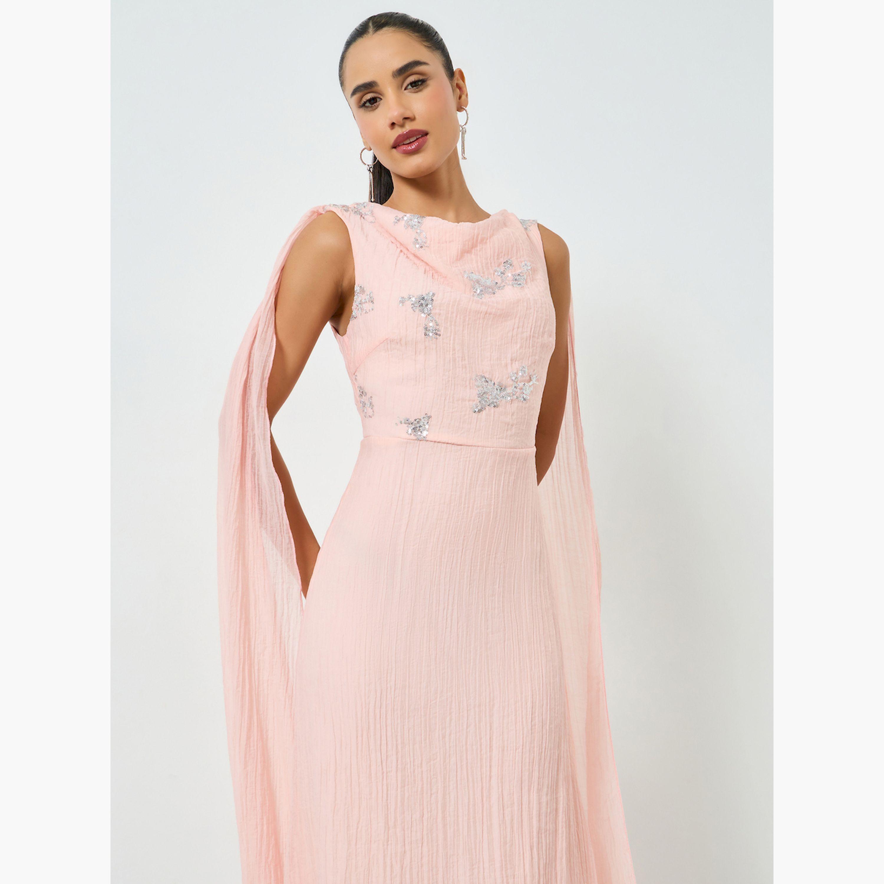 فستان طويل وردي بالترتر بلا أكمام مع كيب-women-clothing-dresses-image-2