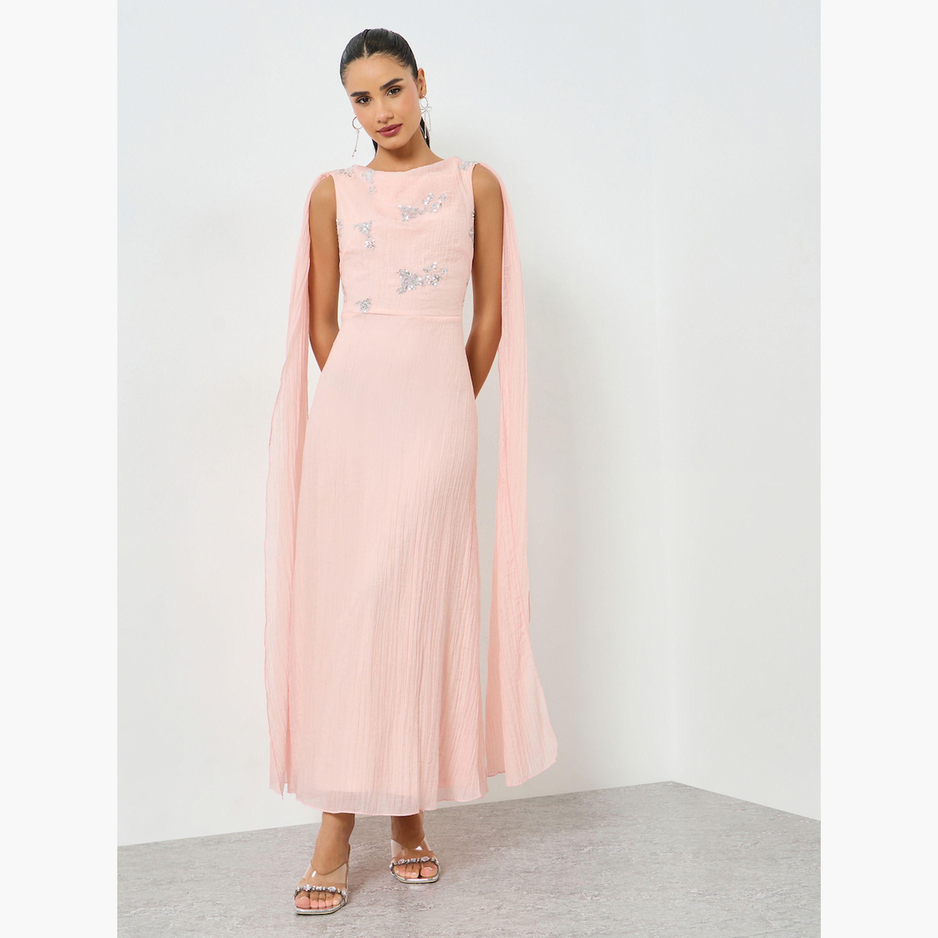 فستان طويل وردي بالترتر بلا أكمام مع كيب-women-clothing-dresses-image-3