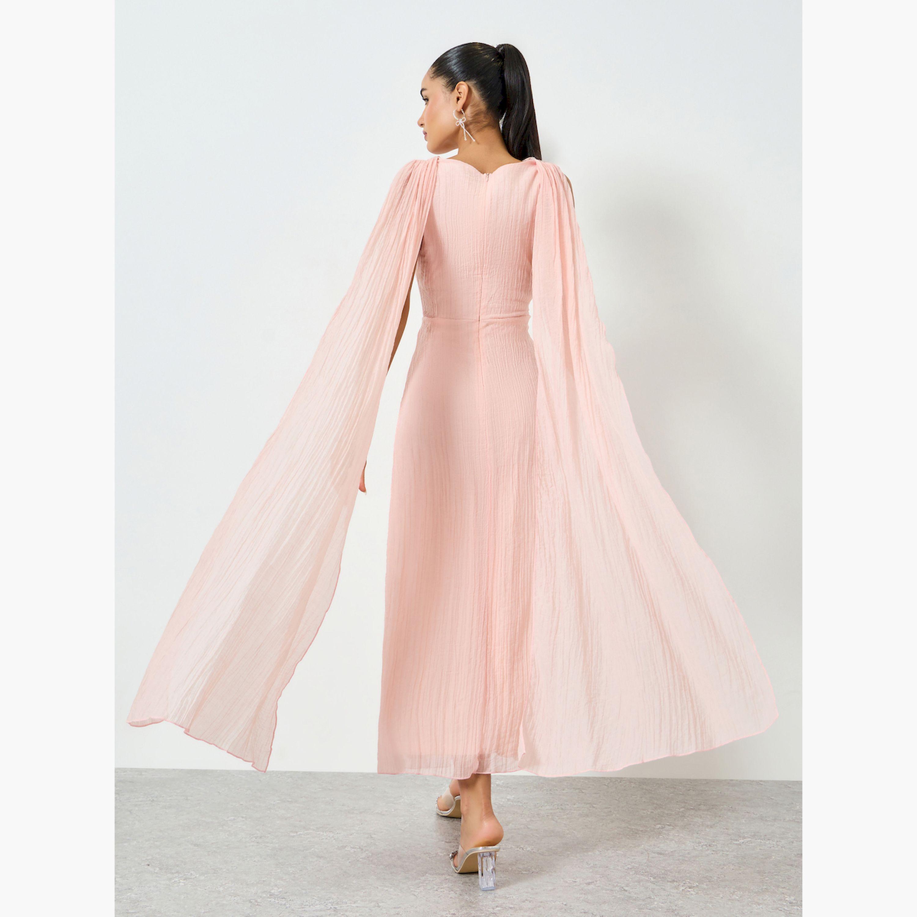 Styli Pink Sequin Embellished Sleeveless Maxi Dress with Cape-women-clothing-dresses-image-4