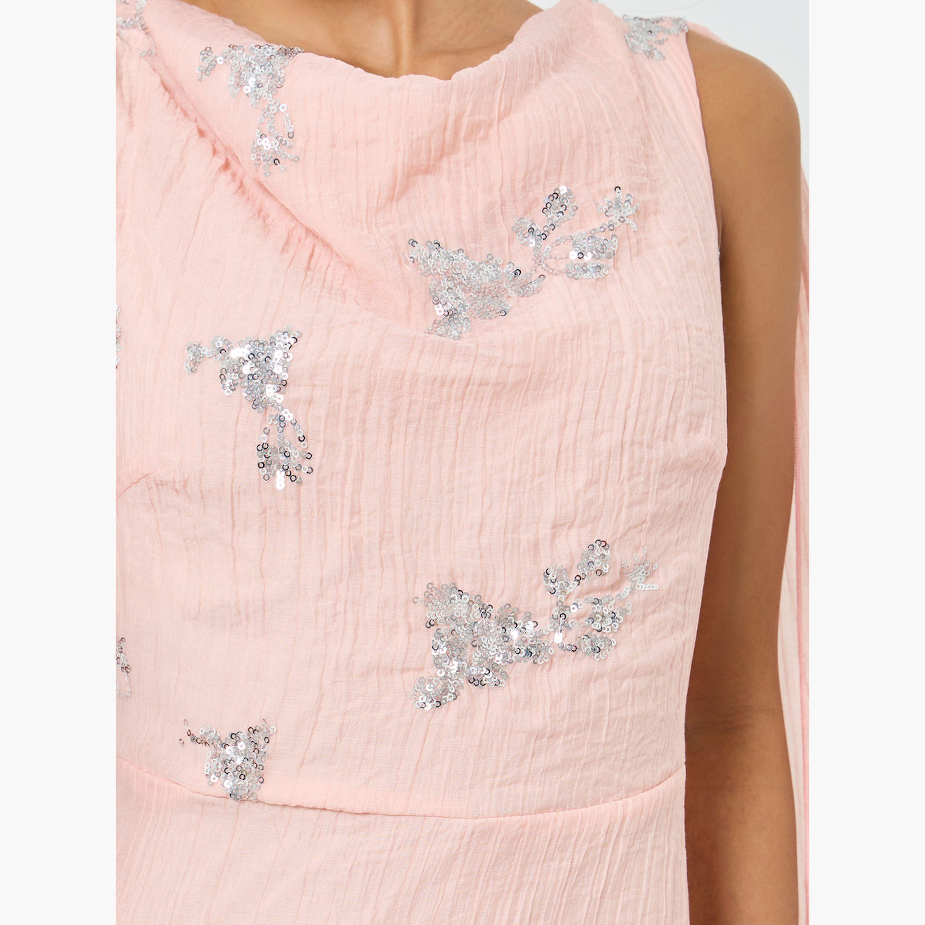 Styli Pink Sequin Embellished Sleeveless Maxi Dress with Cape-women-clothing-dresses-image-5