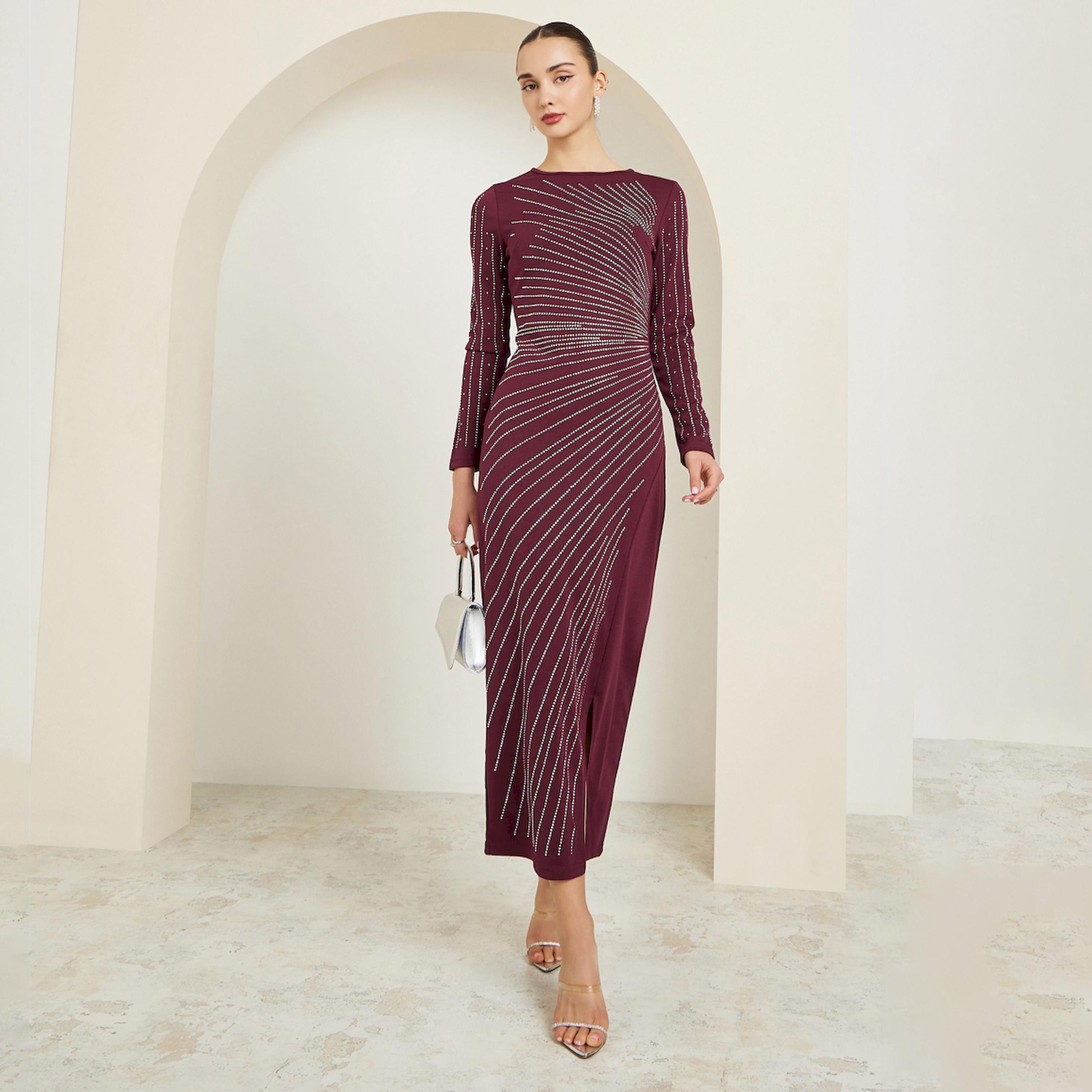 Styli Burgundy Rhinestone Front Slit Maxi Dress-women-clothing-dresses-image-1