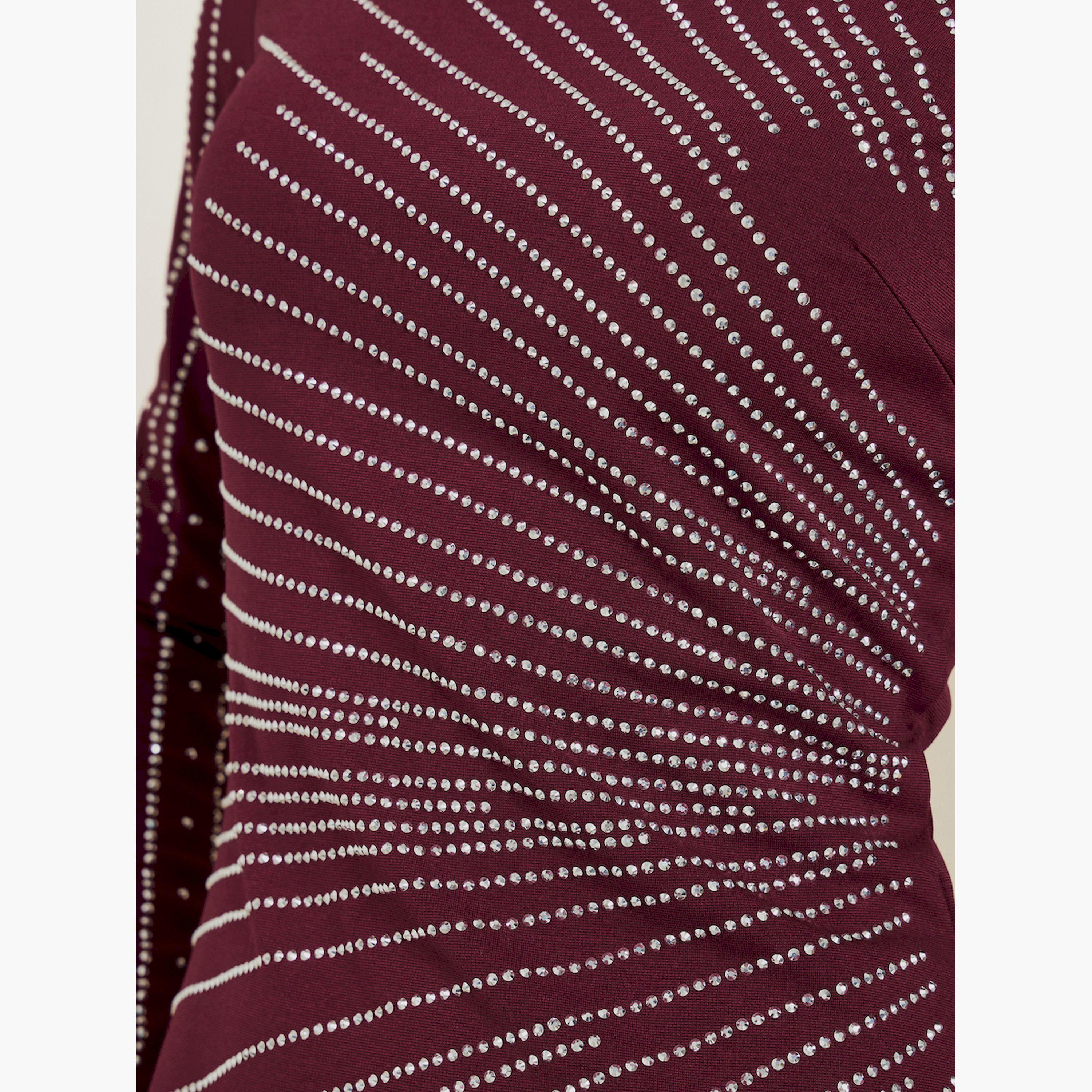 Styli Burgundy Rhinestone Front Slit Maxi Dress-women-clothing-dresses-image-4