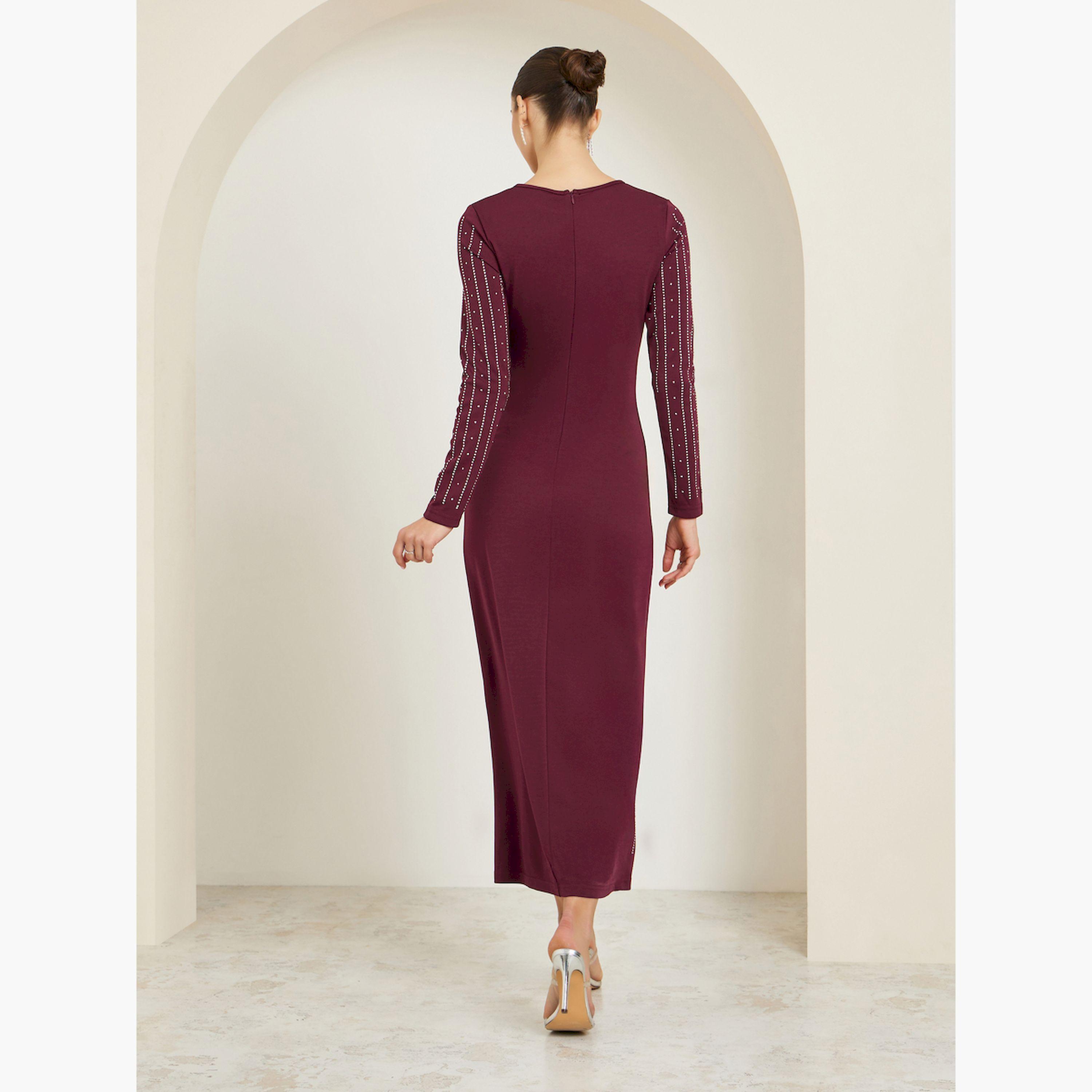Styli Burgundy Rhinestone Front Slit Maxi Dress-women-clothing-dresses-image-5
