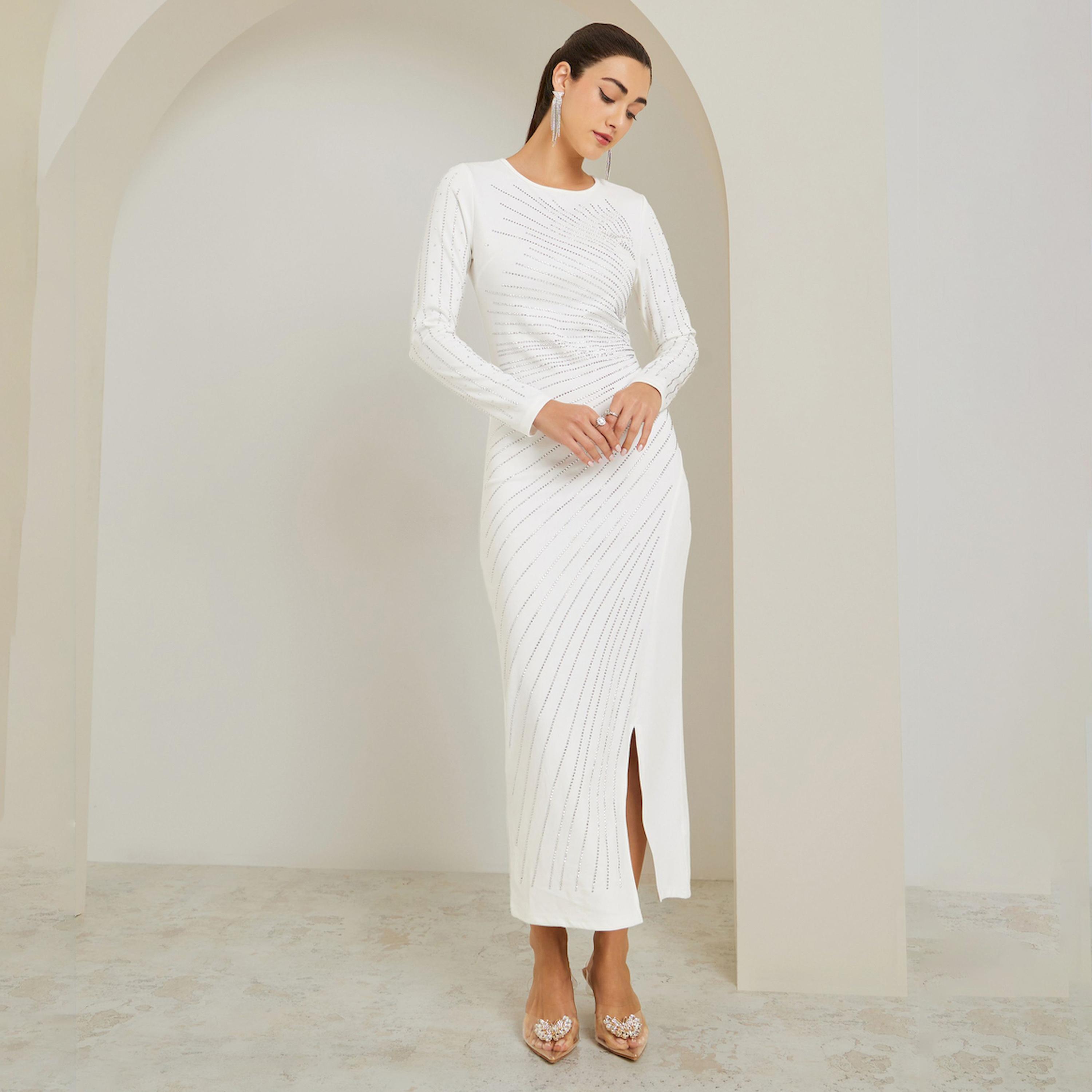 Styli Off-White Embellished Rhinestone Bodycon Maxi Dress-women-clothing-dresses-image-1