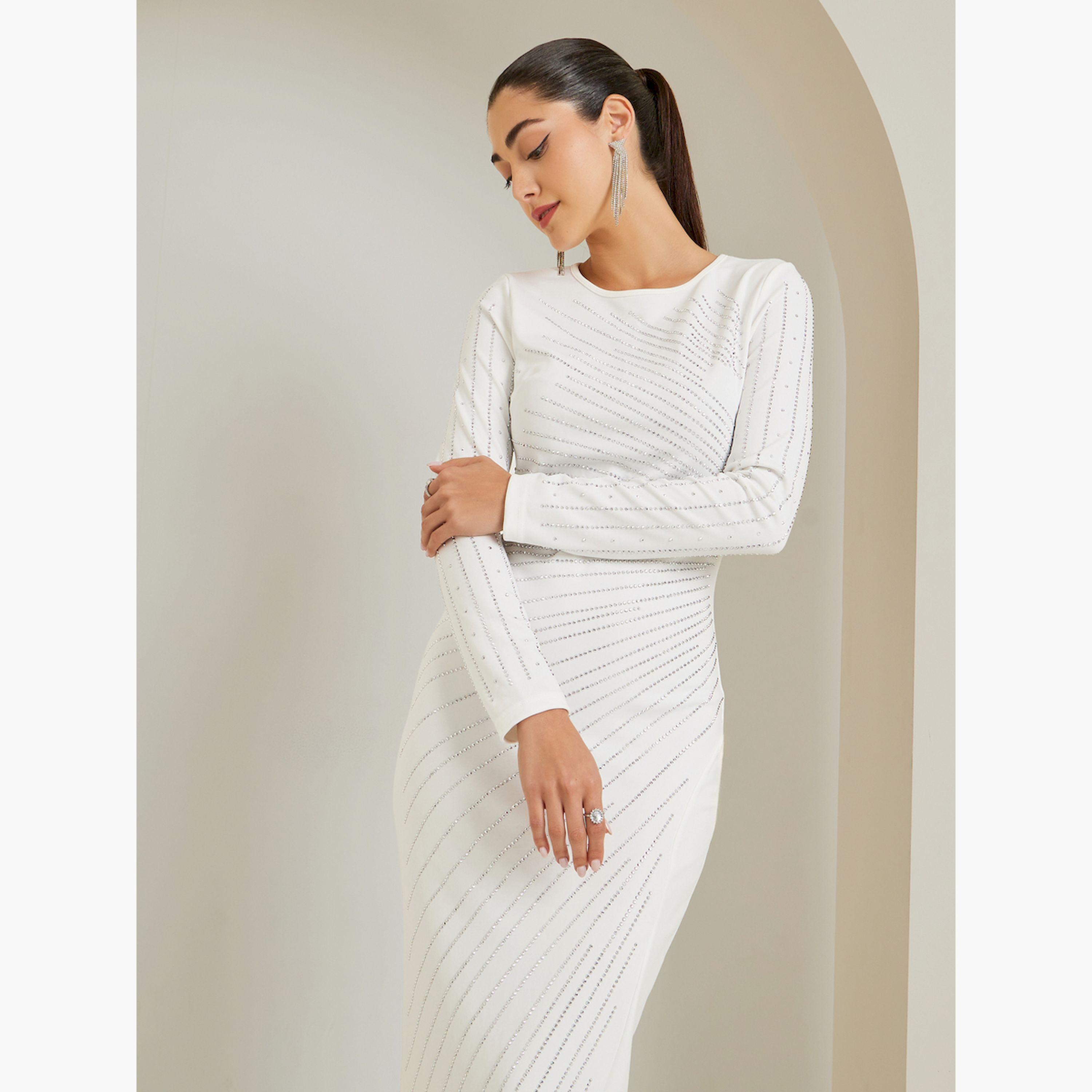 Styli Off-White Embellished Rhinestone Bodycon Maxi Dress-women-clothing-dresses-image-2