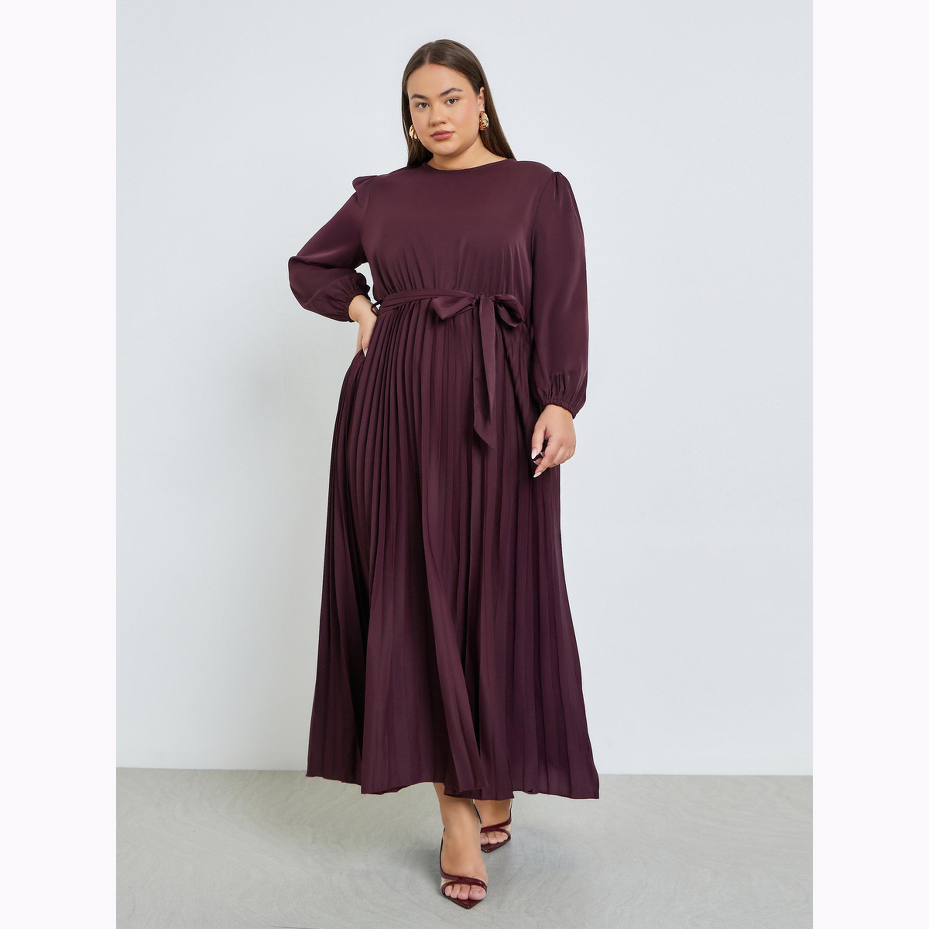 Styli Plus Size Burgundy Pleated Maxi Dress with Belt-women-clothing-dresses-image-1