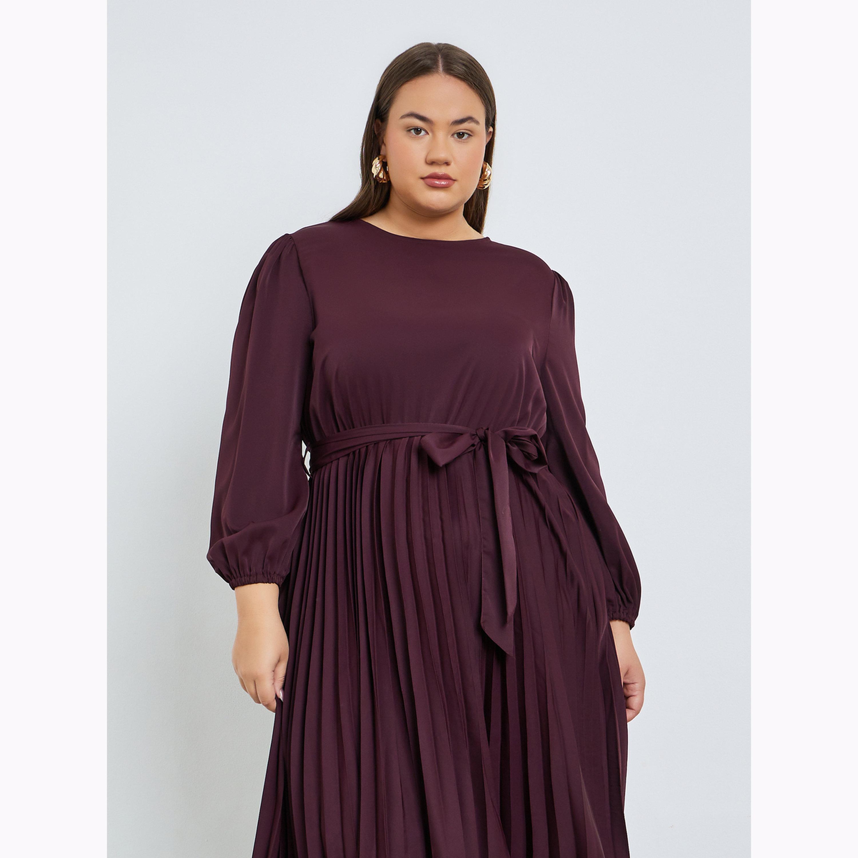 فستان طويل بكسرات وحزام بمقاس كبير-women-clothing-dresses-image-2