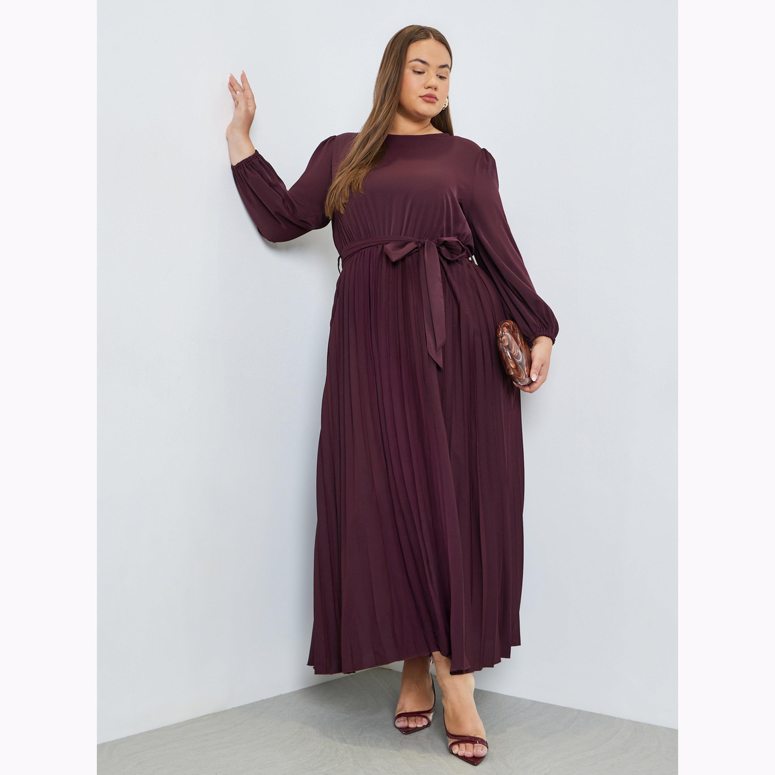 Styli Plus Size Burgundy Pleated Maxi Dress with Belt-women-clothing-dresses-image-3
