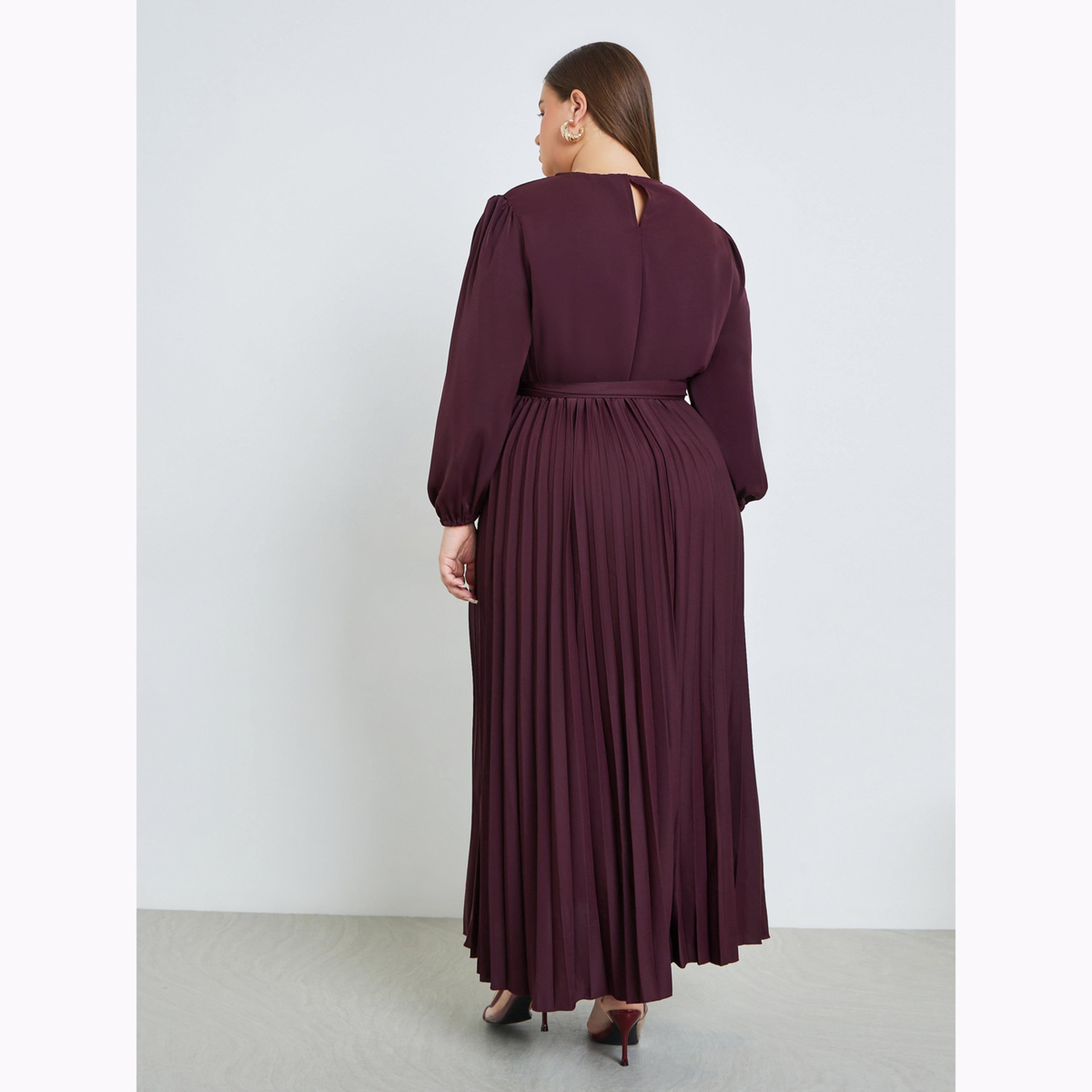فستان طويل بكسرات وحزام بمقاس كبير-women-clothing-dresses-image-4