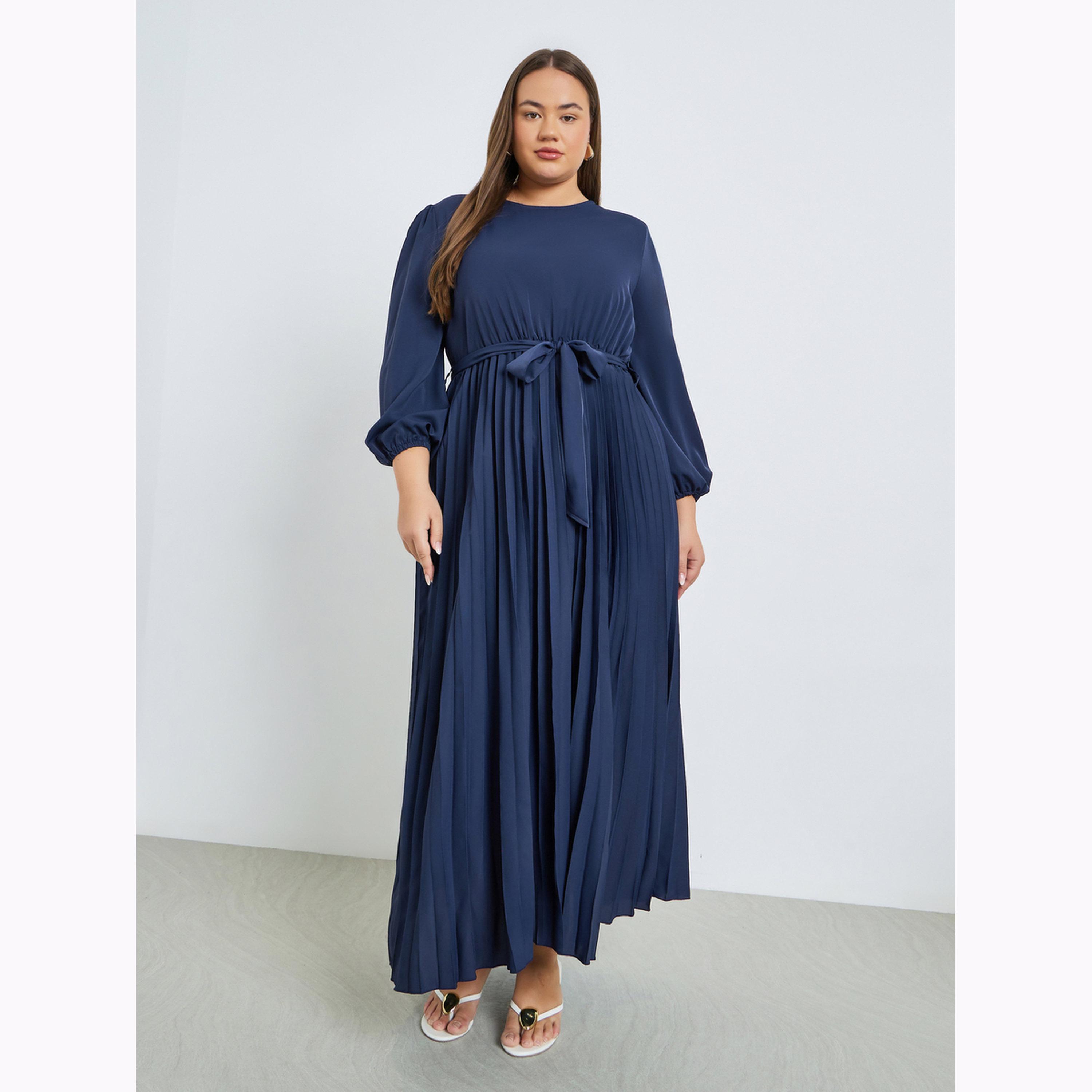 Styli Plus Size Navy Blue Pleated Maxi Dress with Belt-women-clothing-dresses-image-1