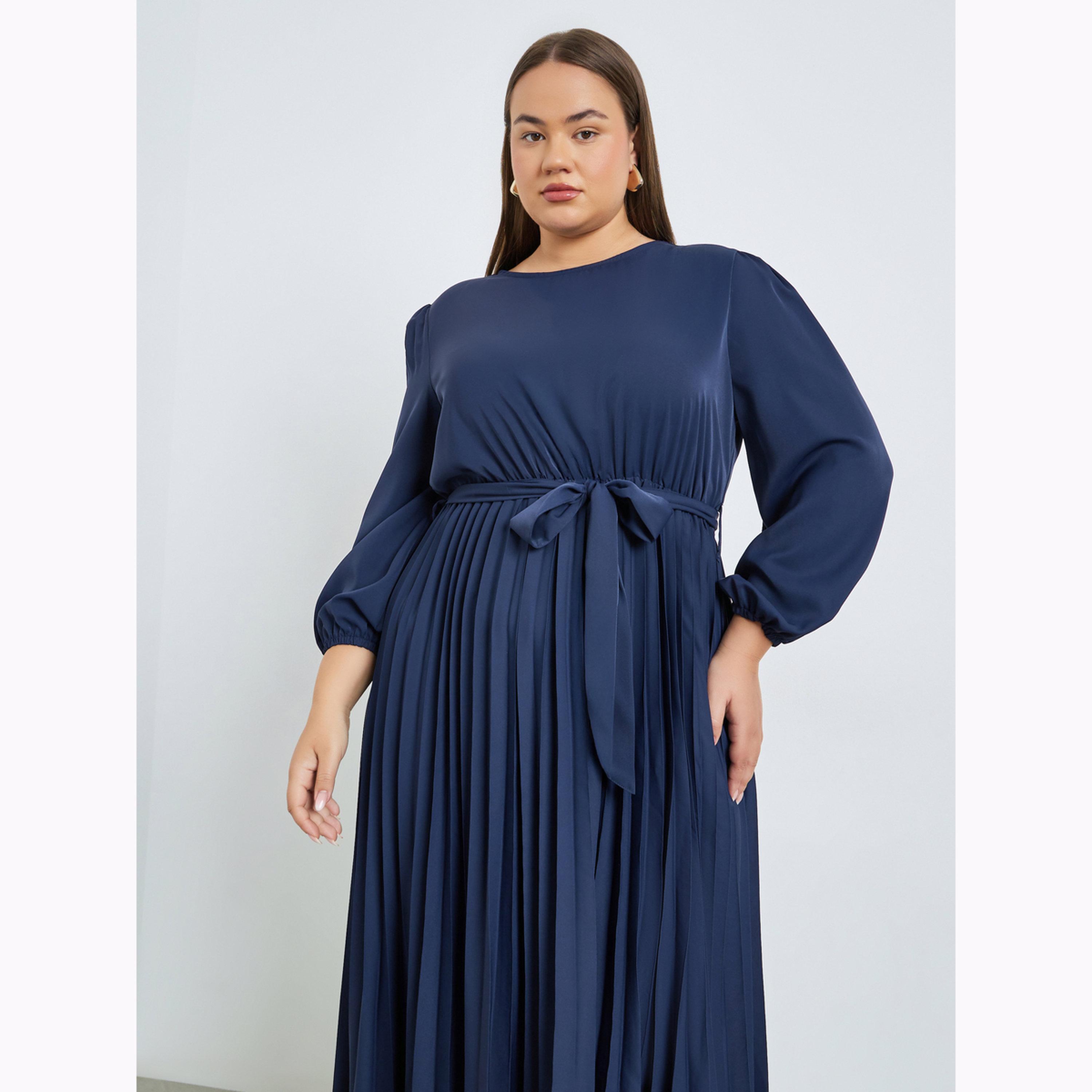 فستان طويل بكسرات وحزام بمقاس كبير-women-clothing-dresses-image-2