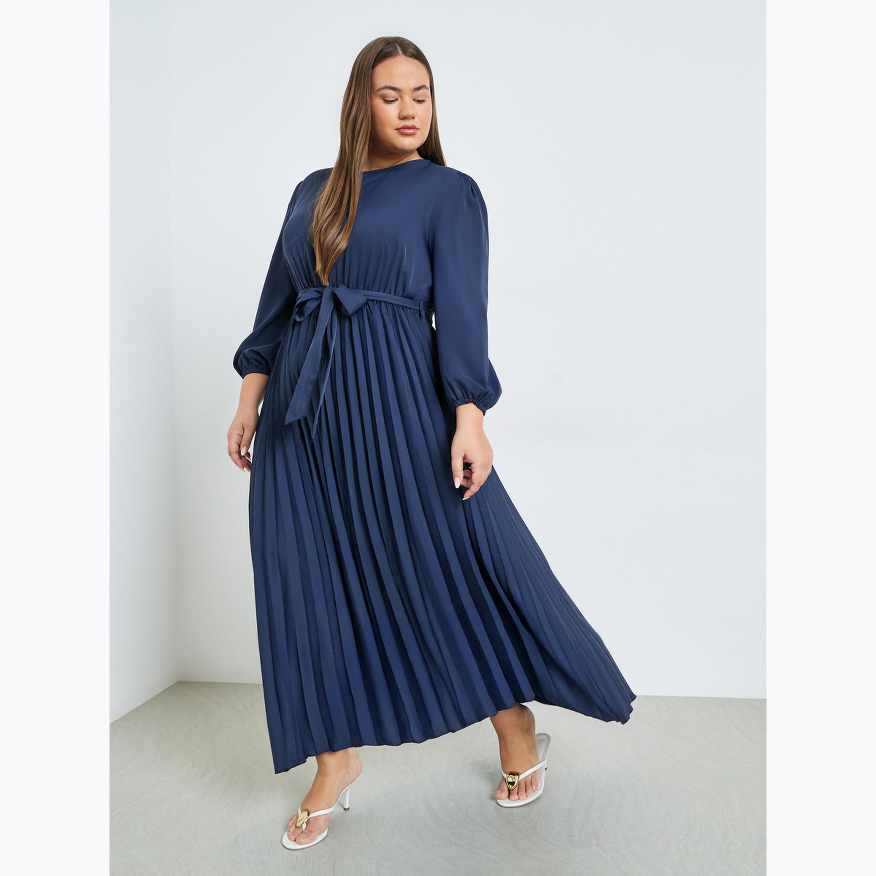 Styli Plus Size Navy Blue Pleated Maxi Dress with Belt-women-clothing-dresses-image-3