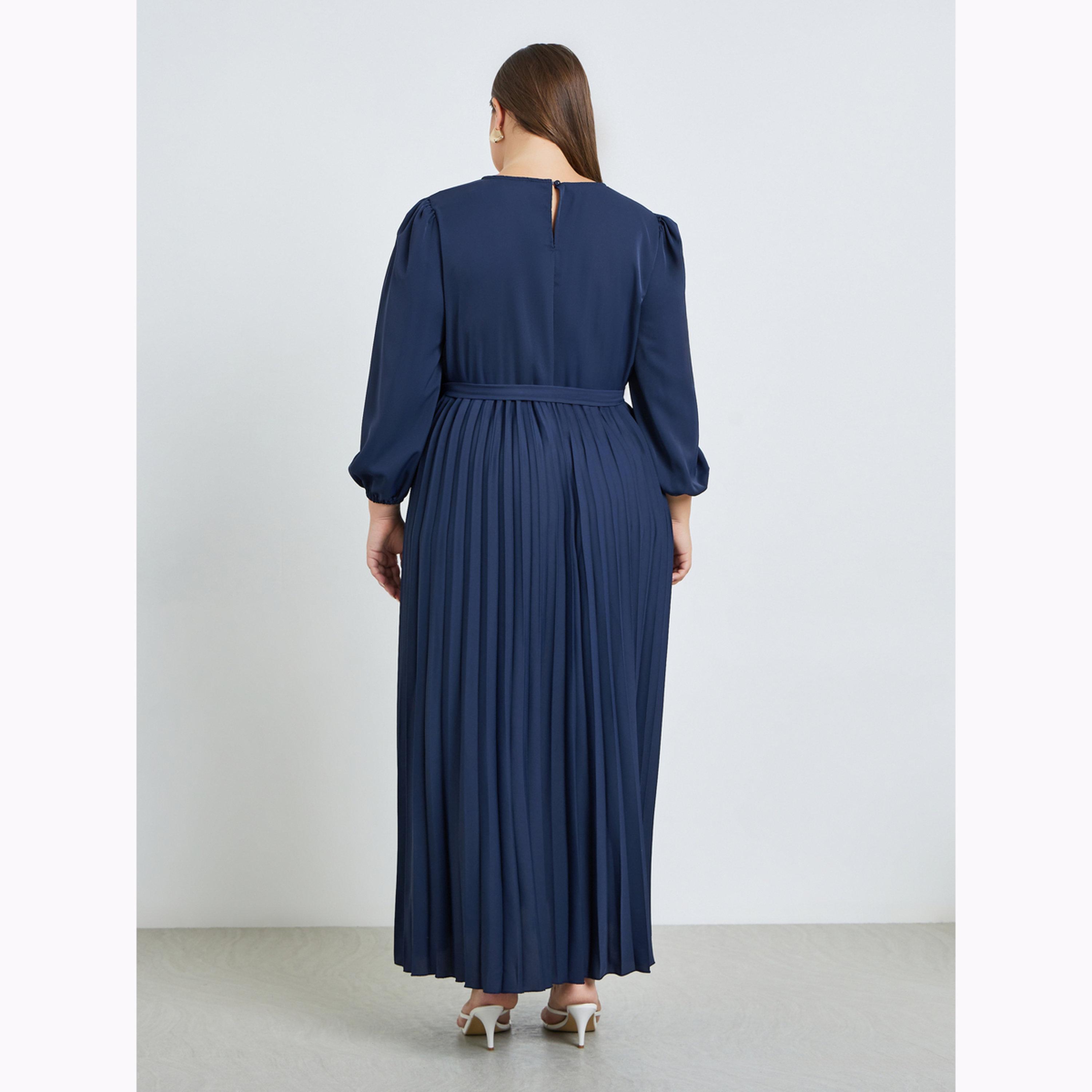 فستان طويل بكسرات وحزام بمقاس كبير-women-clothing-dresses-image-4