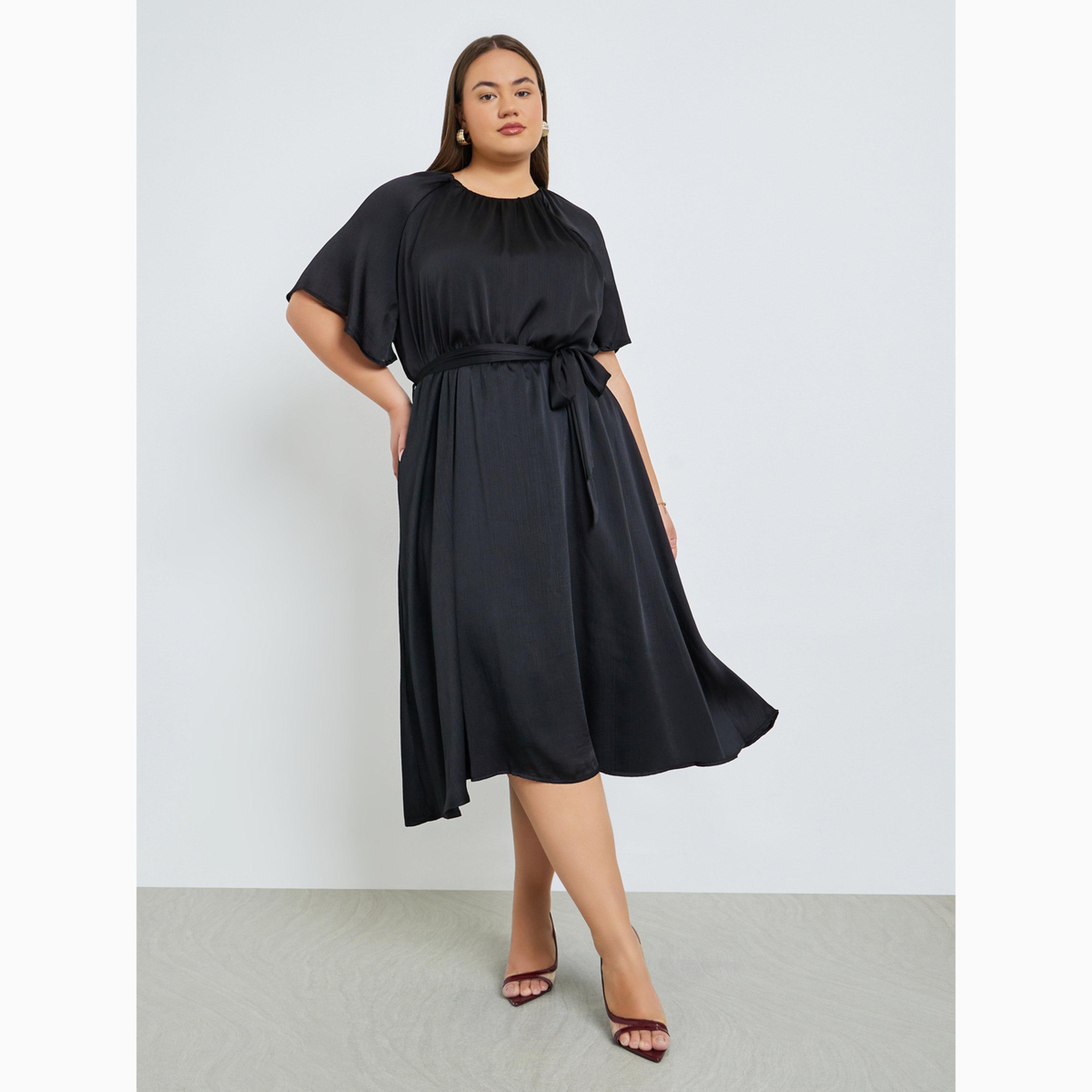 فستان ميدي ساتان مقاس كبير وحزام ربط-women-clothing-dresses-image-1