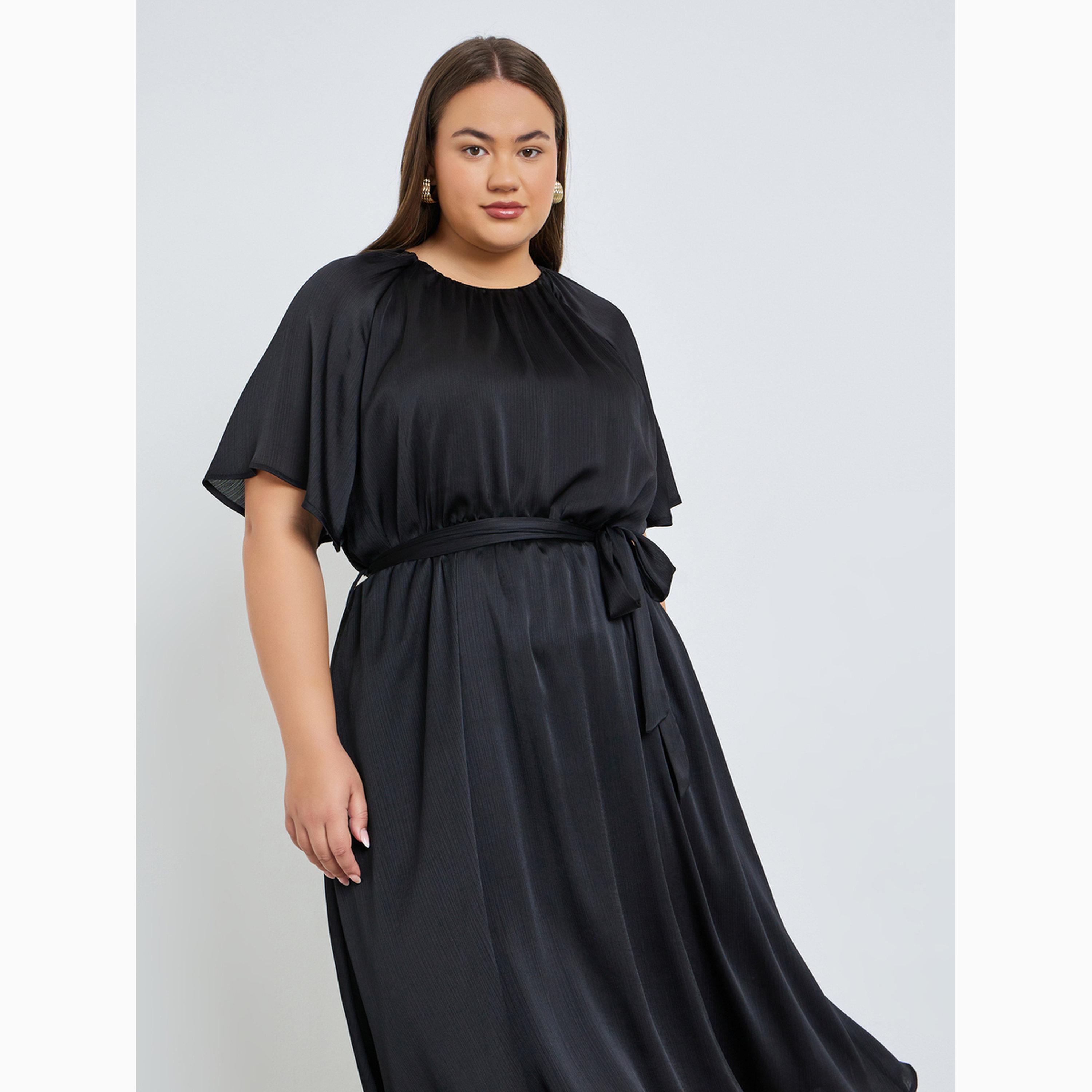 Styli Plus Size Satin Midi Dress with Tie-Belt-women-clothing-dresses-image-2