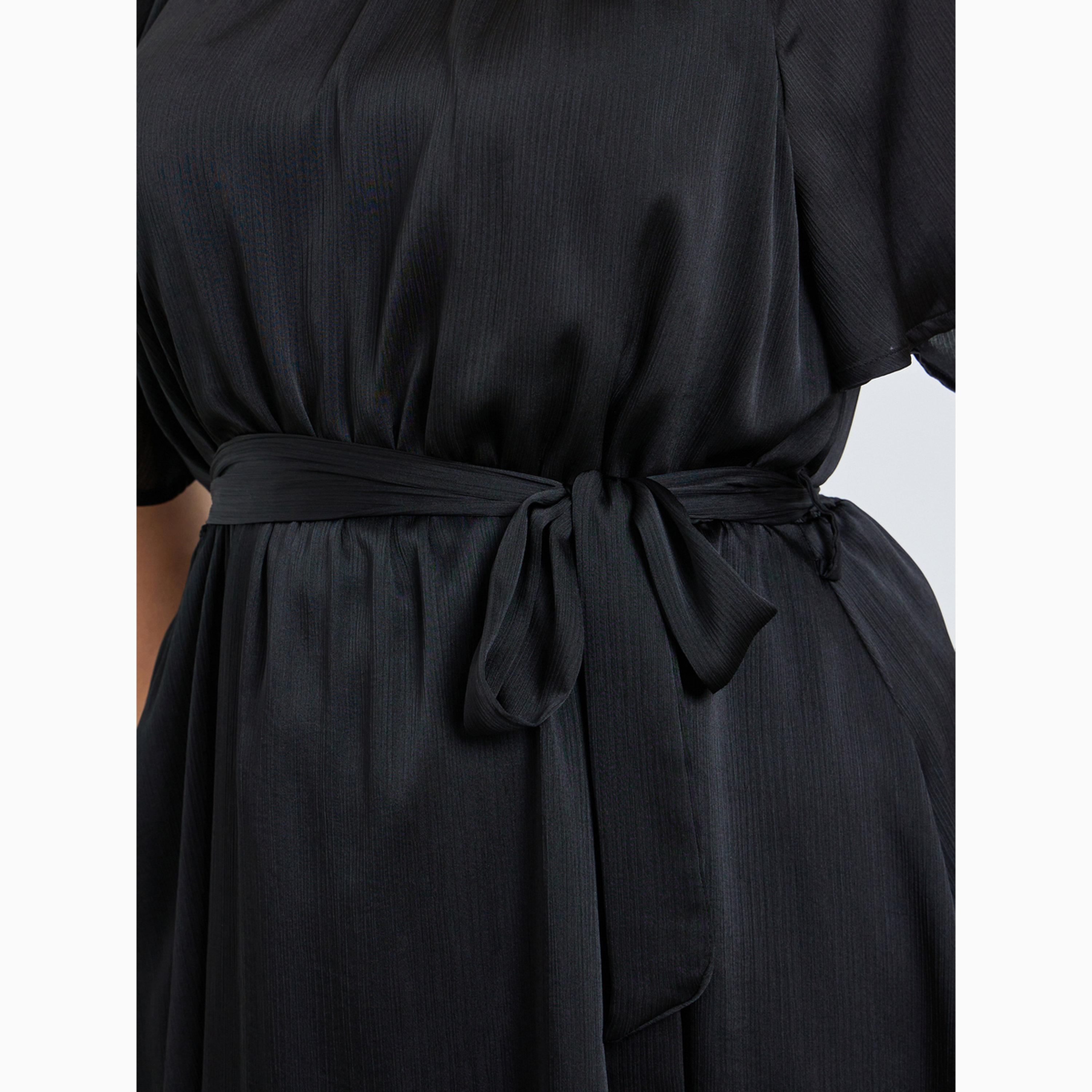 Styli Plus Size Satin Midi Dress with Tie-Belt-women-clothing-dresses-image-4