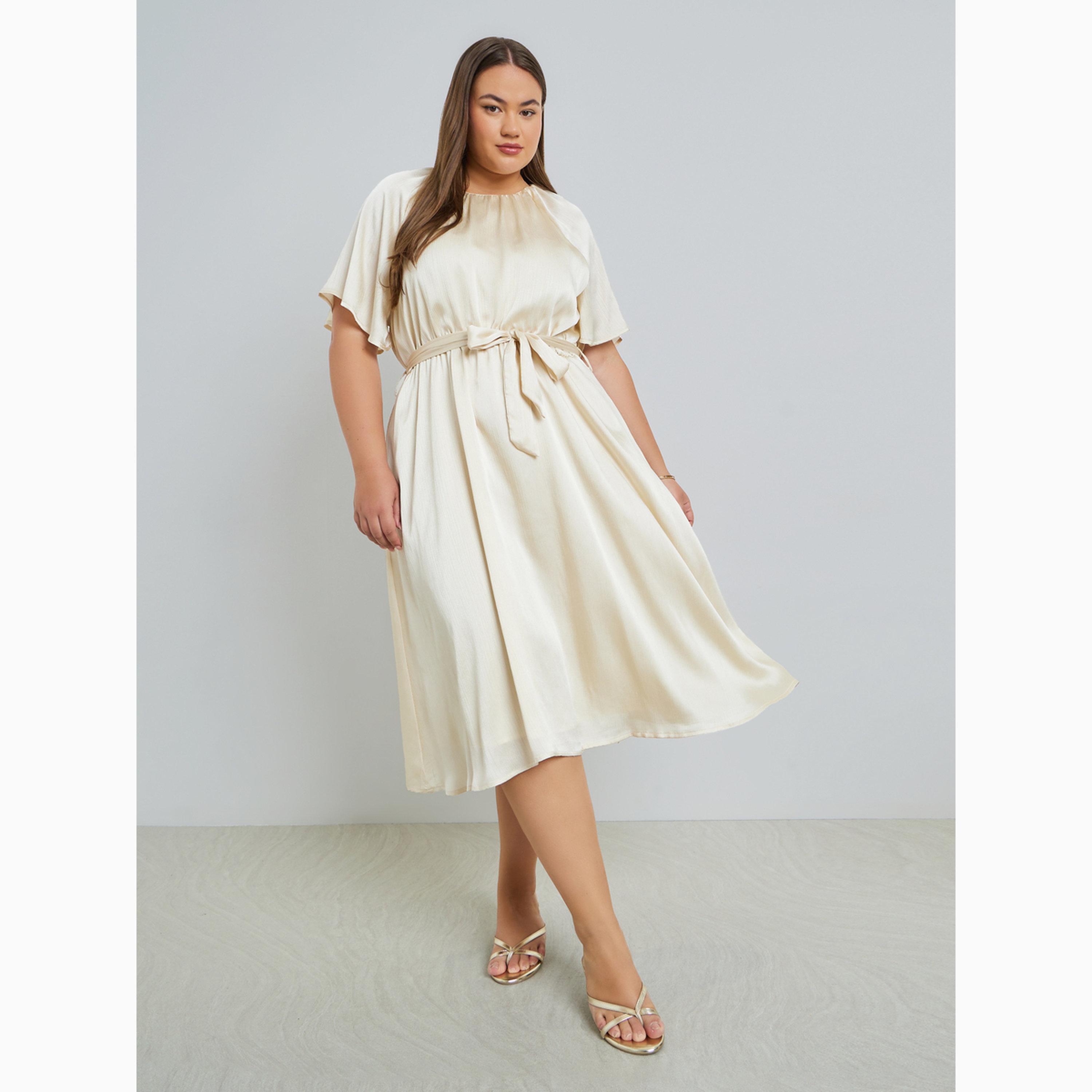 Styli Plus Size Satin Midi Dress with Tie-Belt-women-clothing-dresses-image-1