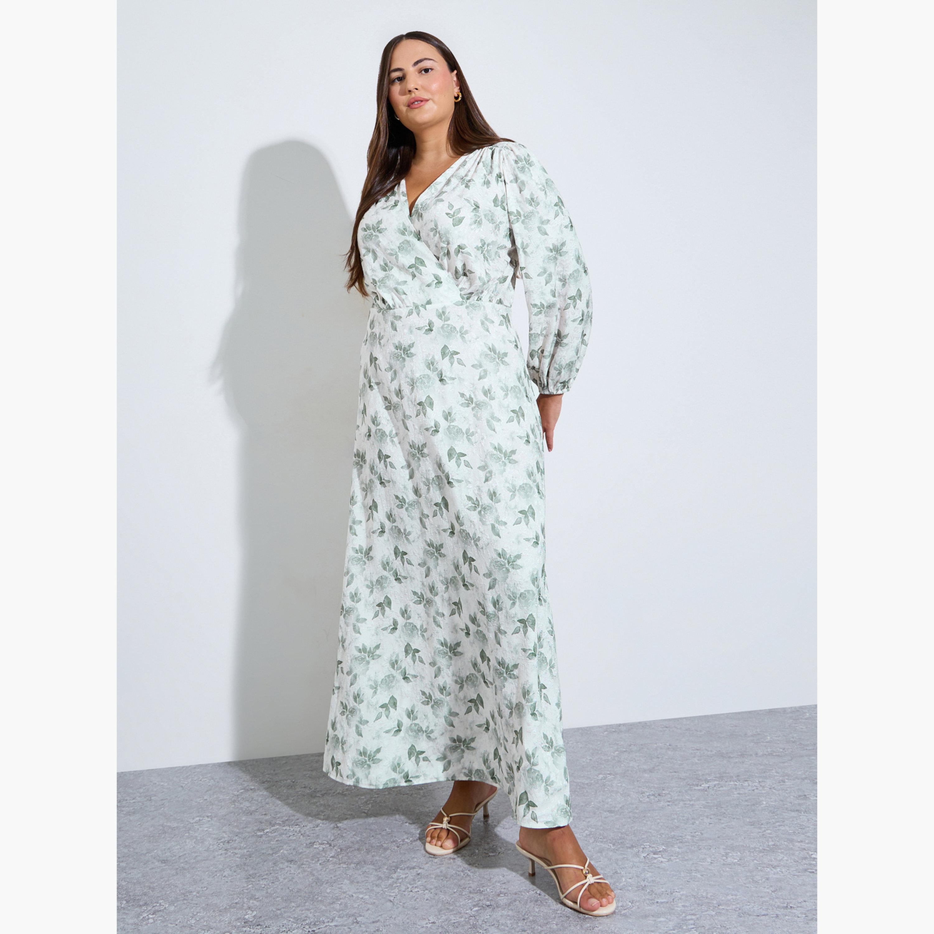 Styli Plus Size Floral Print Balloon Sleeves A-Line Maxi Dress-women-clothing-dresses-image-1