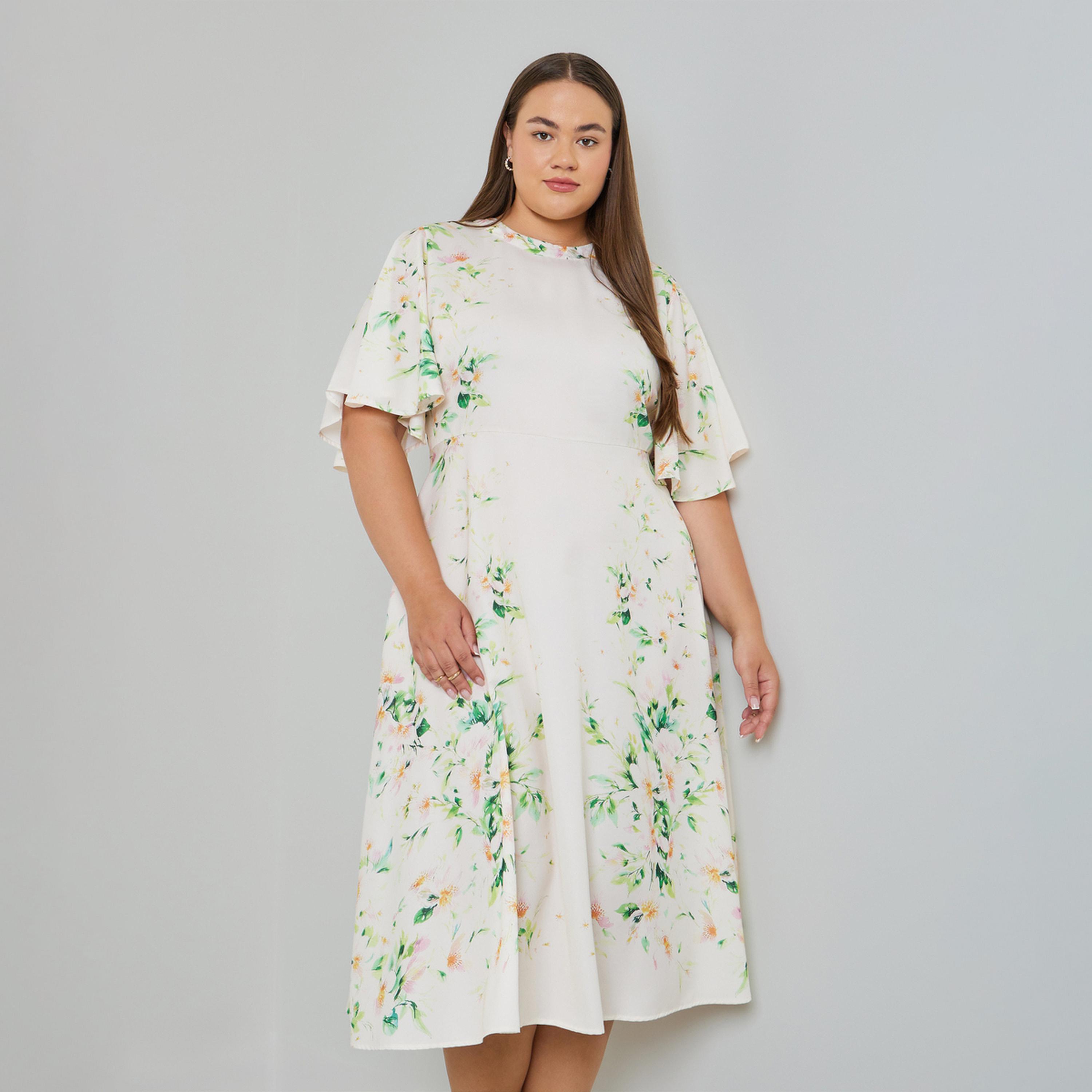 فستان ميدي متوسط الطول بأكمام مكشكشة وطبعة زهور بمقاس كبير-women-clothing-dresses-image-1