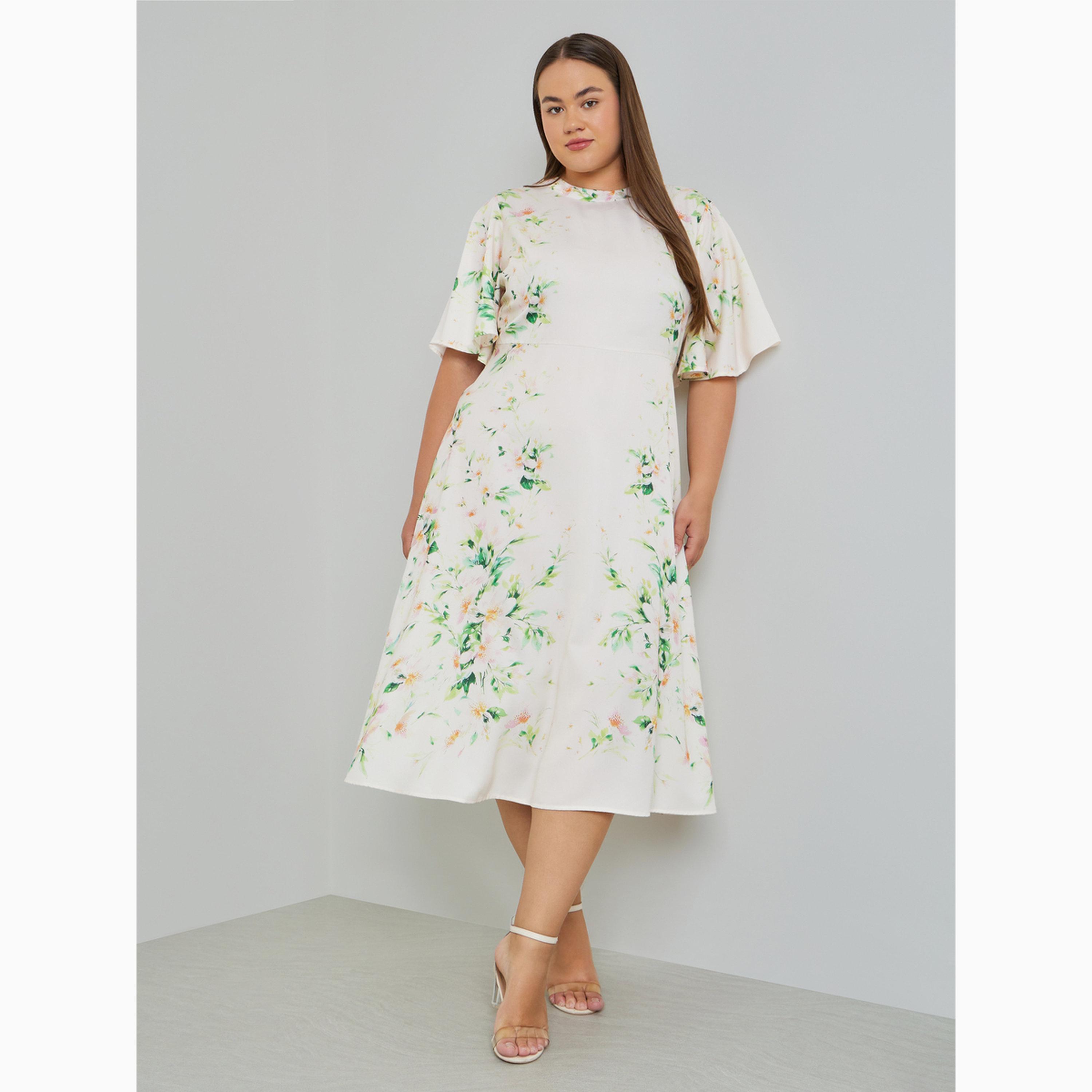 فستان ميدي متوسط الطول بأكمام مكشكشة وطبعة زهور بمقاس كبير-women-clothing-dresses-image-2
