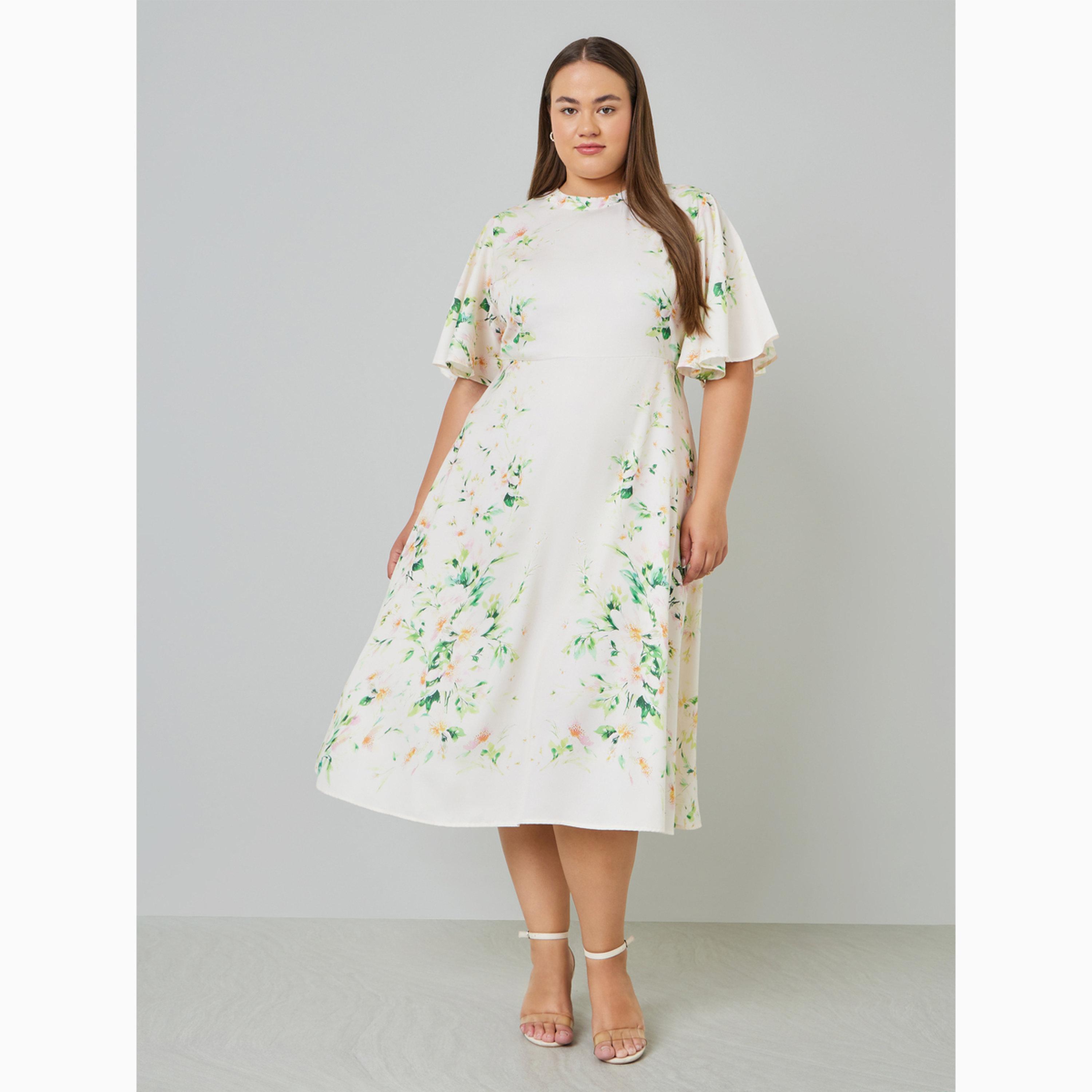 فستان ميدي متوسط الطول بأكمام مكشكشة وطبعة زهور بمقاس كبير-women-clothing-dresses-image-3