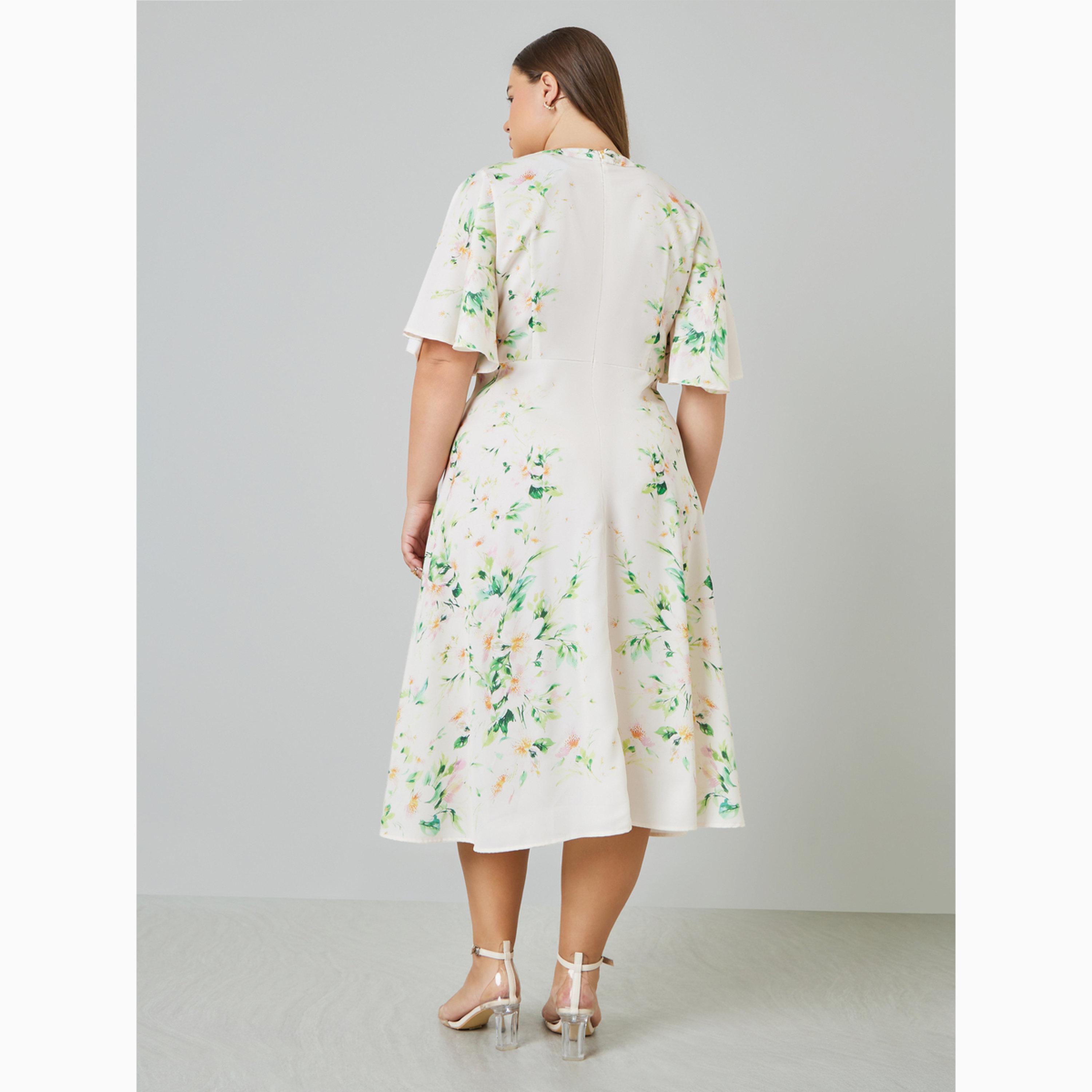 فستان ميدي متوسط الطول بأكمام مكشكشة وطبعة زهور بمقاس كبير-women-clothing-dresses-image-4