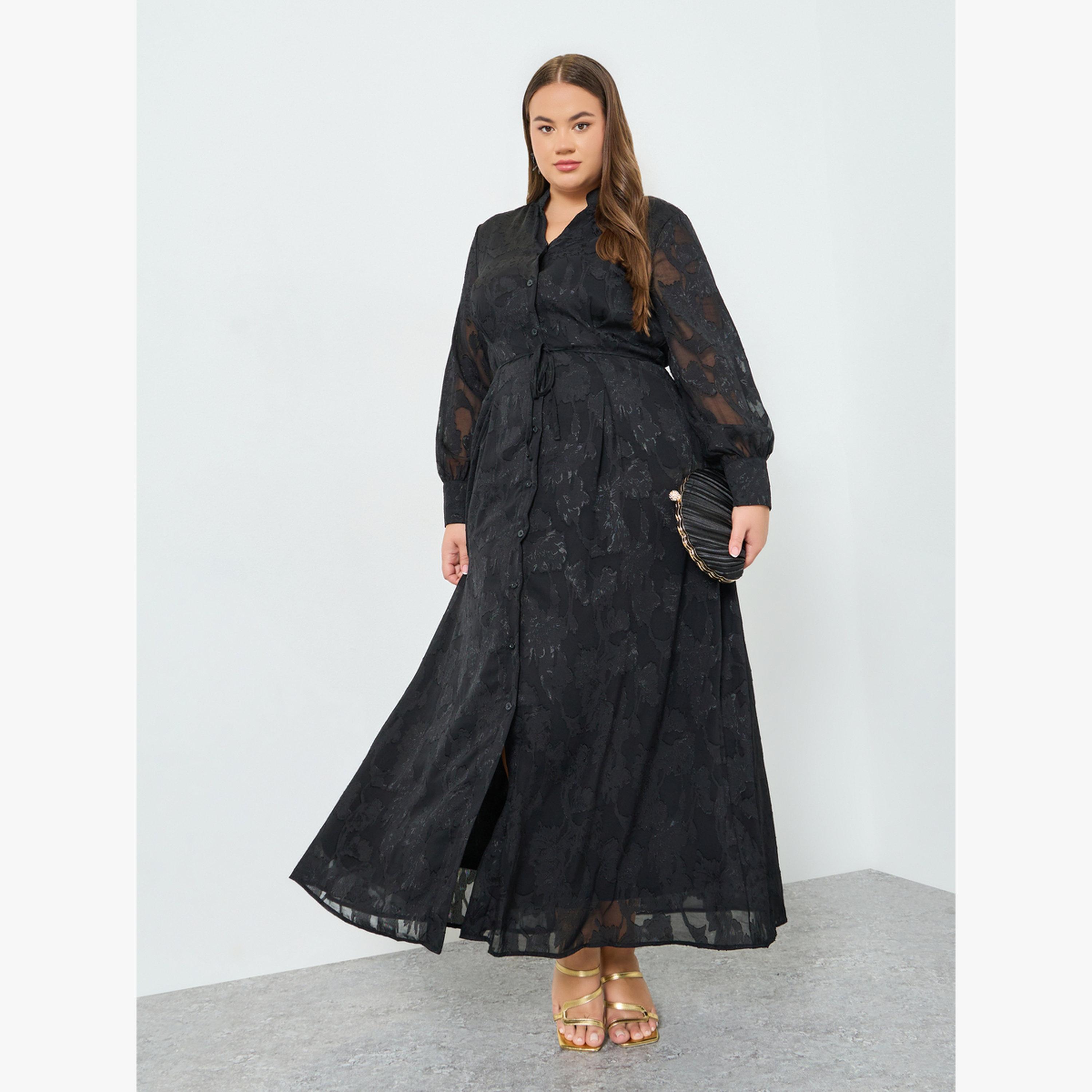 فستان طويل بمقاس كبير وحافة واسعة مع تفاصيل جاكار-women-clothing-dresses-image-3