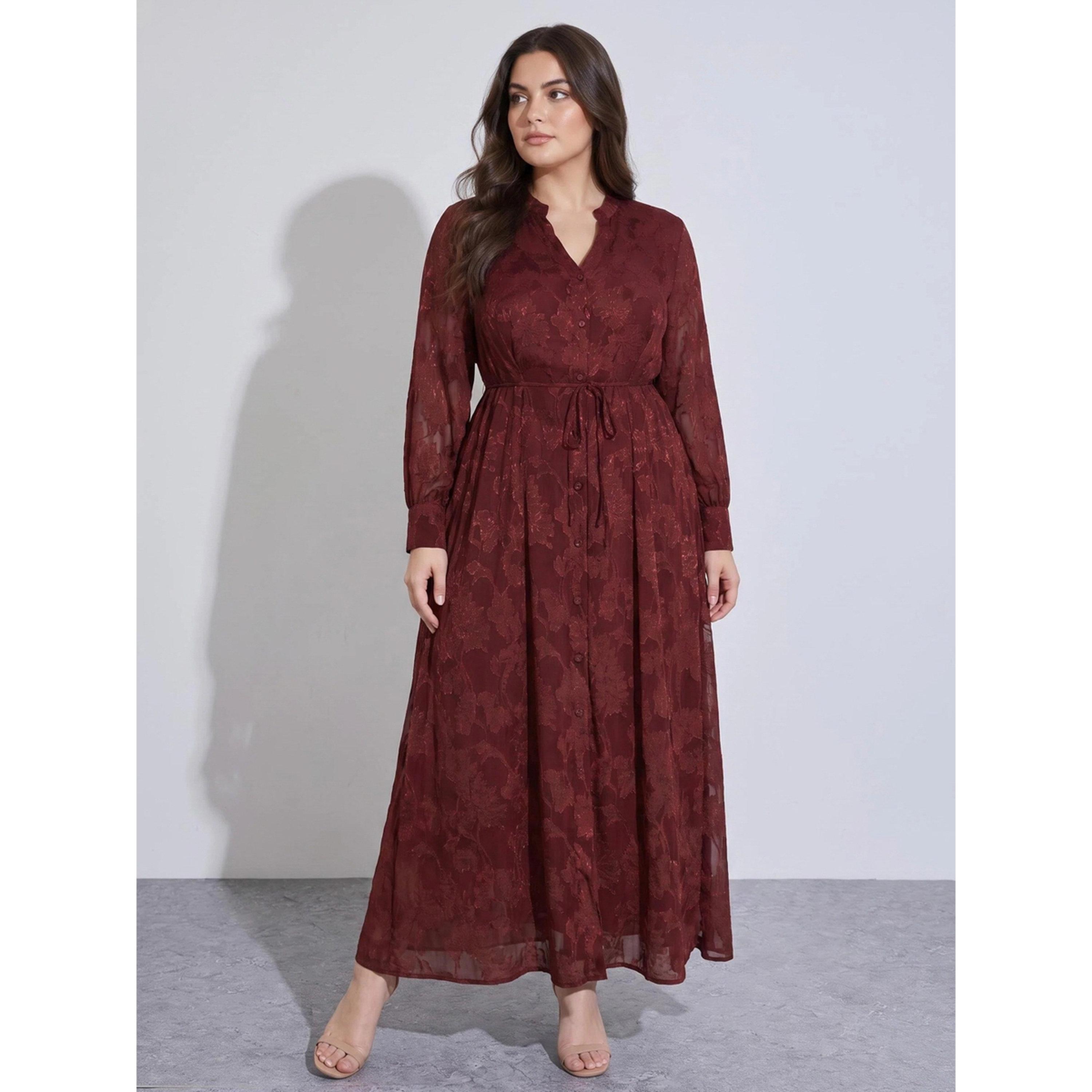 Styli Plus Size Burgundy Tie-Up Waist Jacquard A-Line Maxi Dress-women-clothing-dresses-image-1