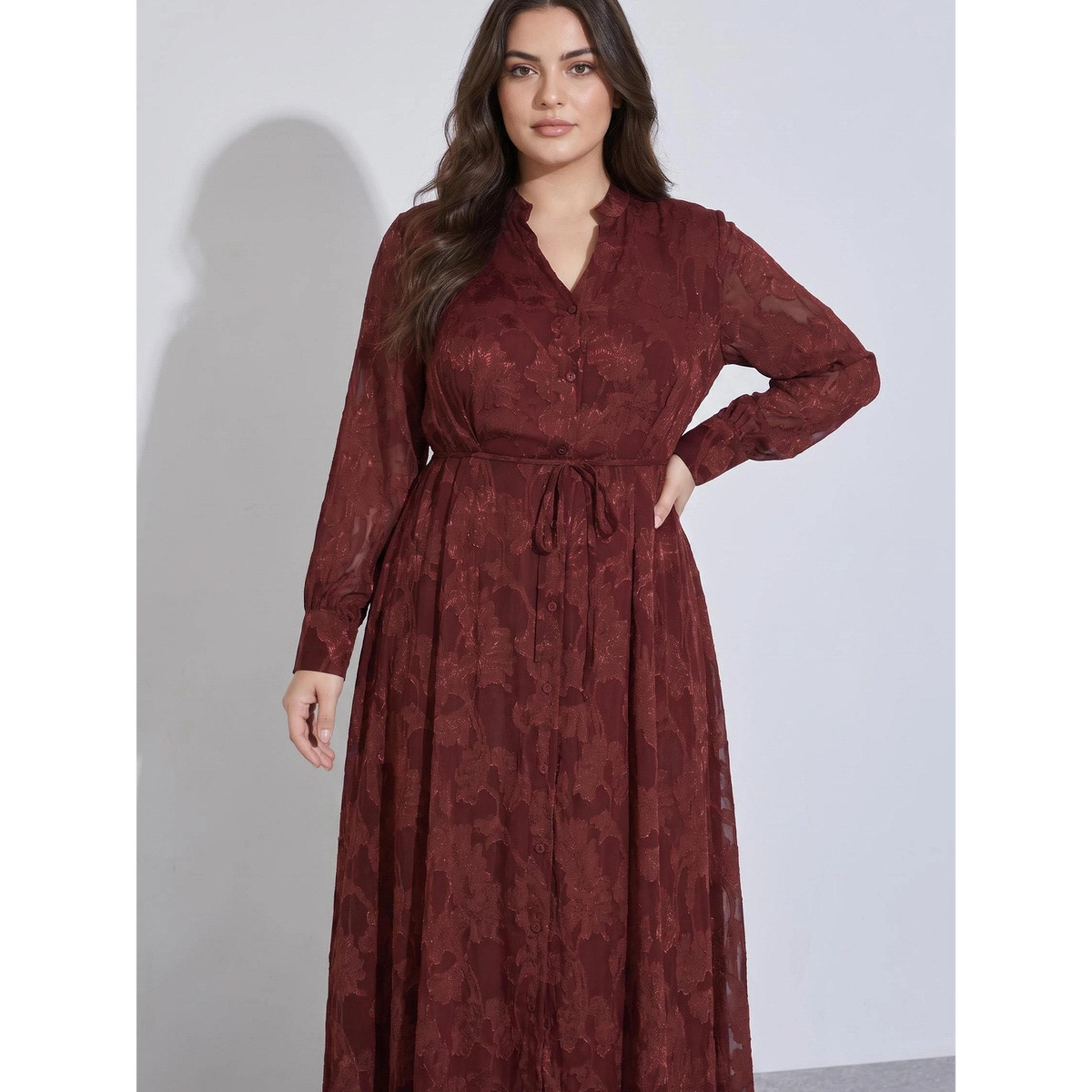 Styli Plus Size Burgundy Tie-Up Waist Jacquard A-Line Maxi Dress-women-clothing-dresses-image-2