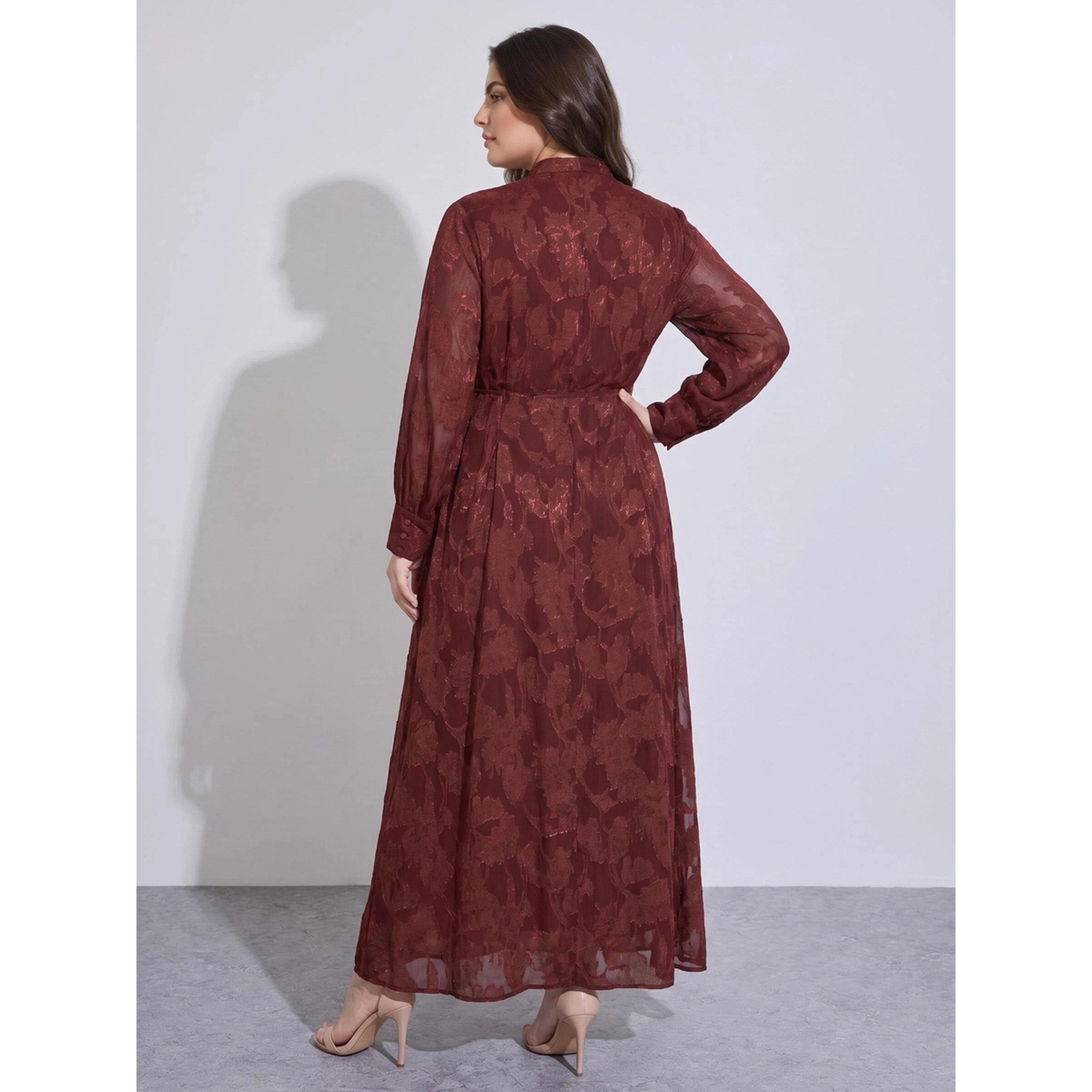 Styli Plus Size Burgundy Tie-Up Waist Jacquard A-Line Maxi Dress-women-clothing-dresses-image-3