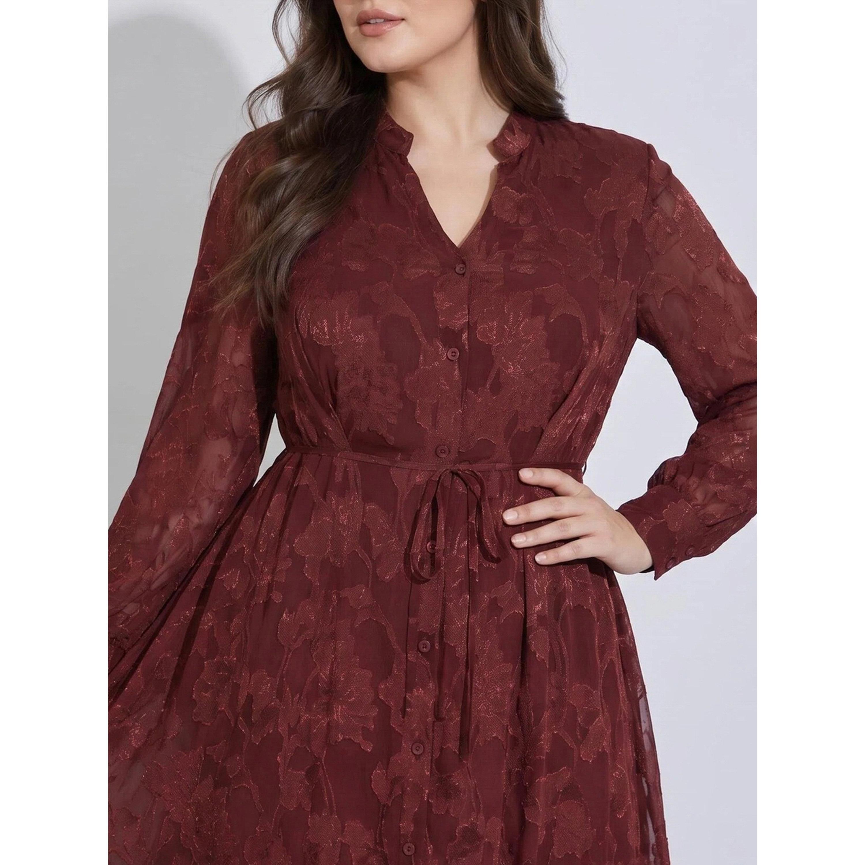 Styli Plus Size Burgundy Tie-Up Waist Jacquard A-Line Maxi Dress-women-clothing-dresses-image-4