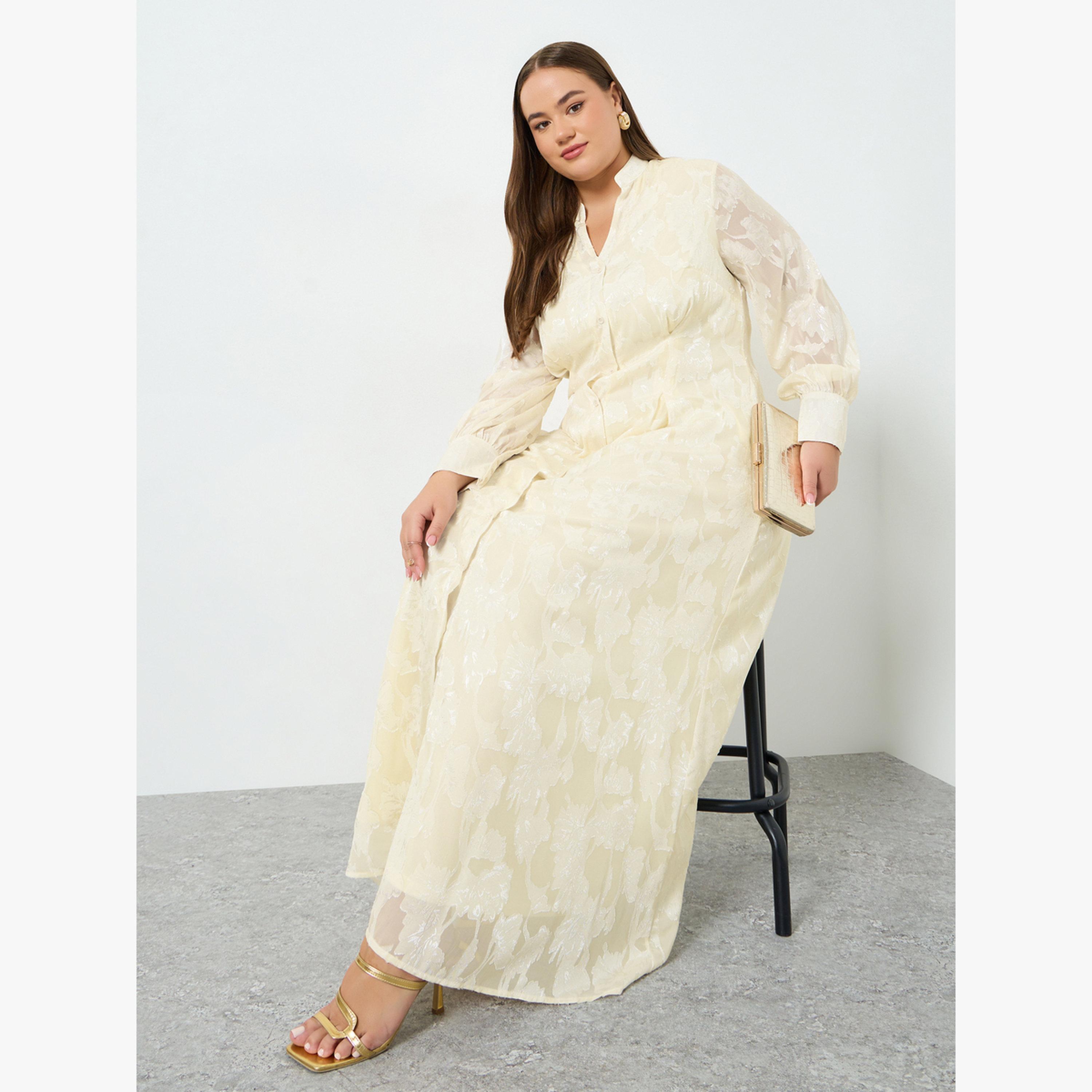 فستان طويل بحافة واسعة جاكارد مقاس كبير-women-clothing-dresses-image-3