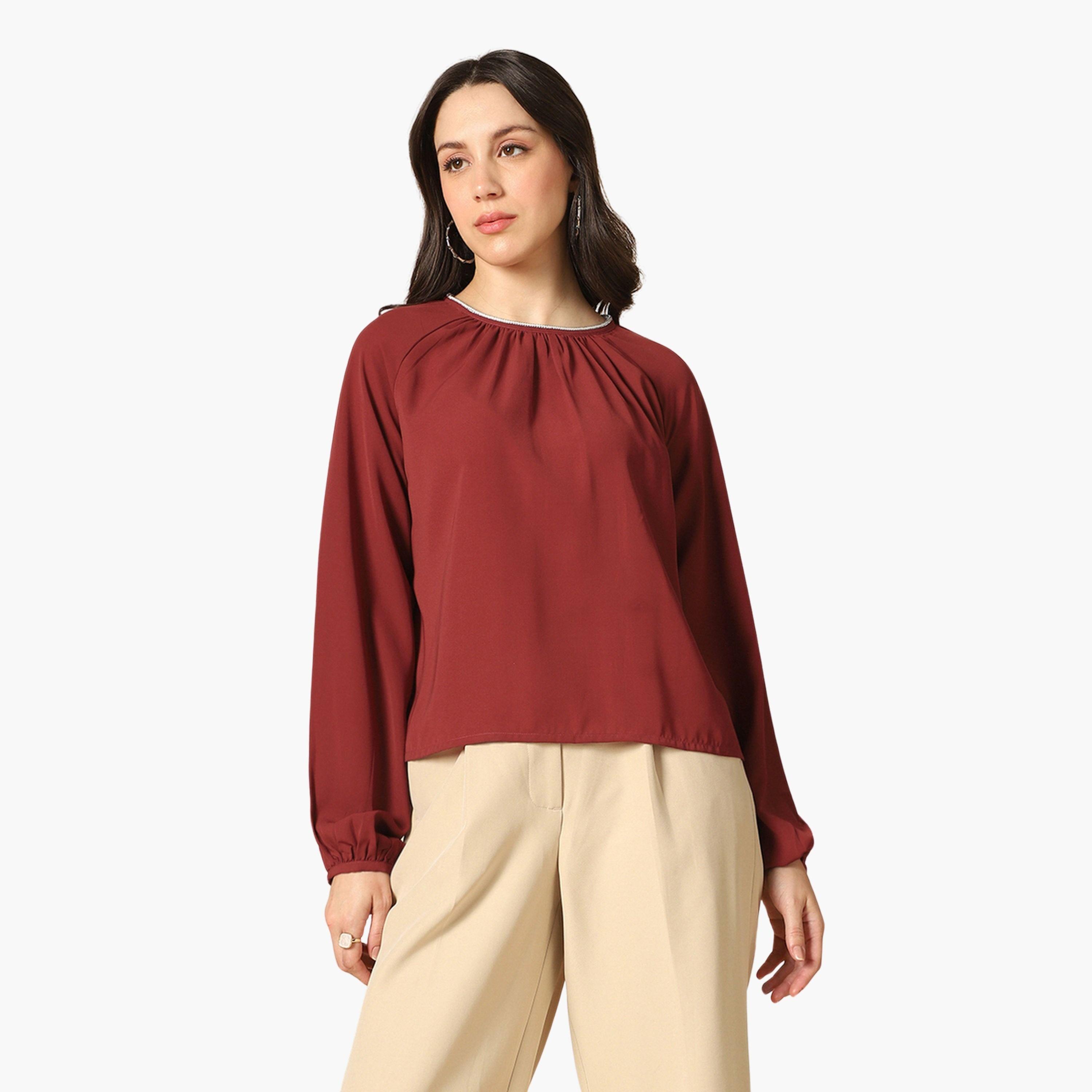 Globus X Styli Women Rust Embellished Pleated Top-women-clothing-shirtsandblouses-blouses-image-1