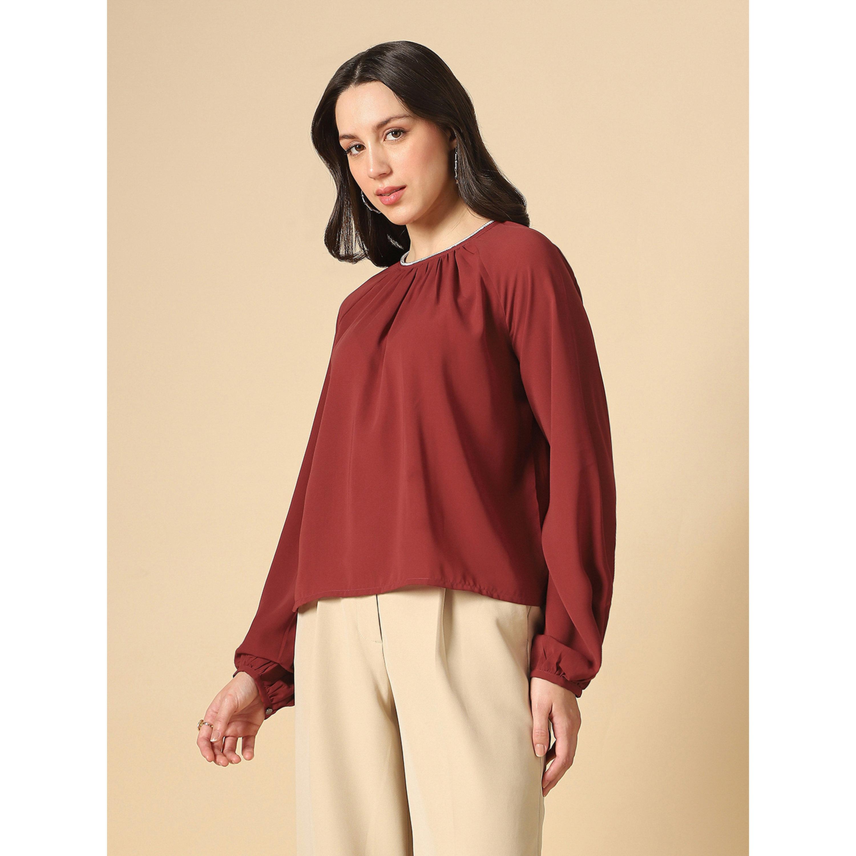 Globus X Styli Women Rust Embellished Pleated Top-women-clothing-shirtsandblouses-blouses-image-2