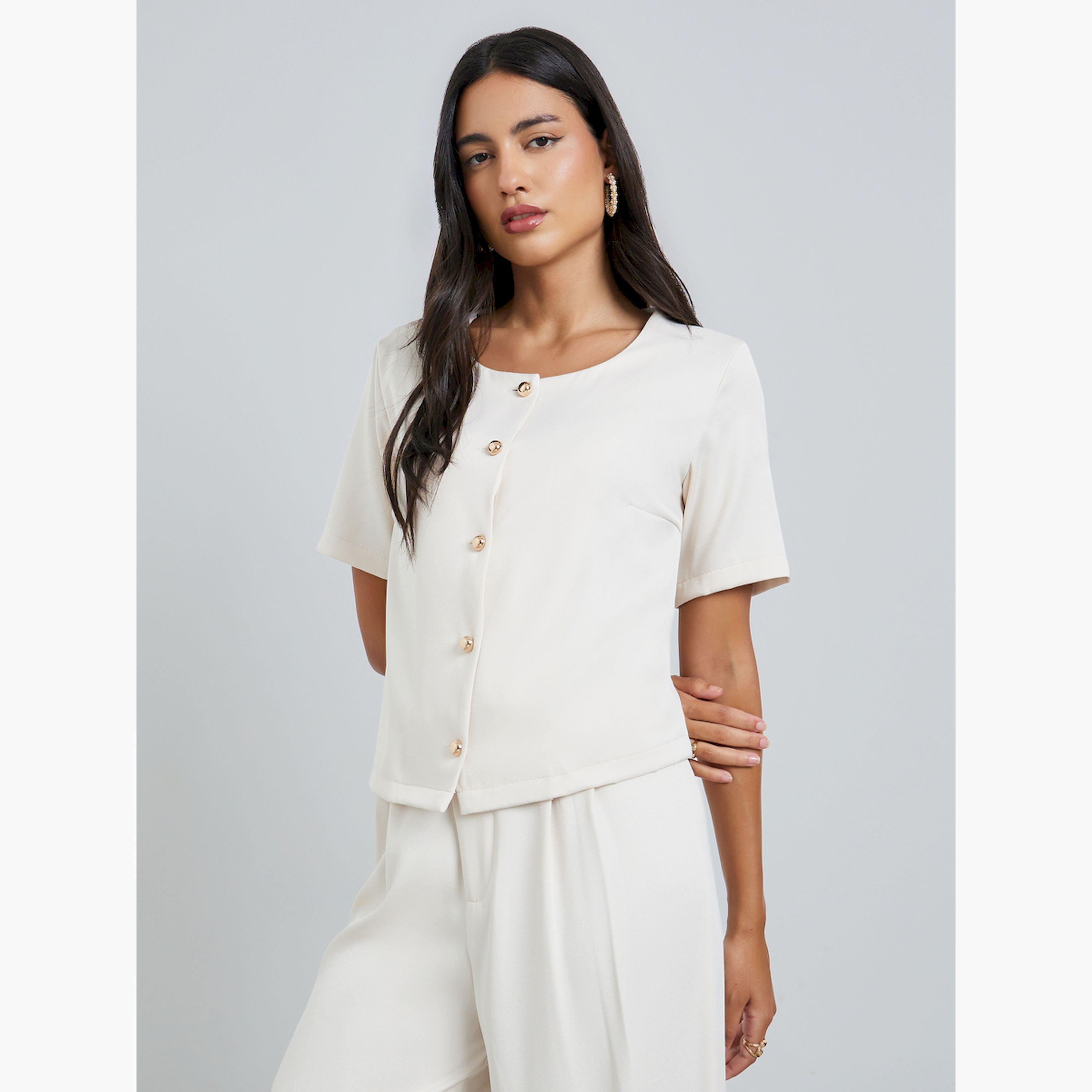 Styli Off-White Short Sleeve Buttoned Top with Pants Co-Ords-women-clothing-coordsets-image-2