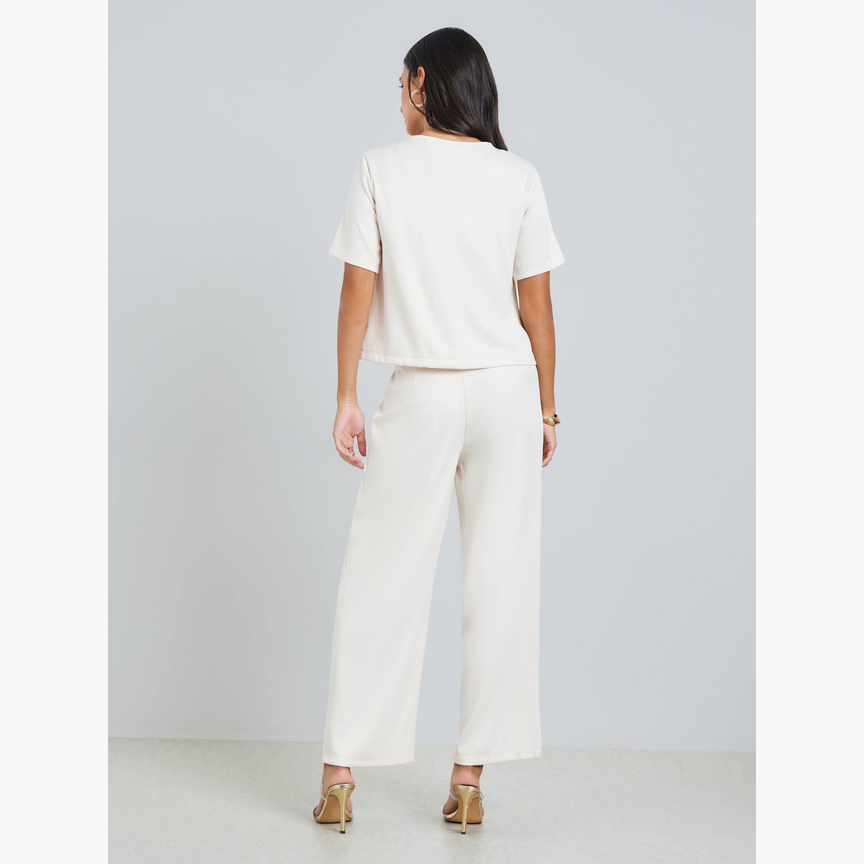 Styli Off-White Short Sleeve Buttoned Top with Pants Co-Ords-women-clothing-coordsets-image-5