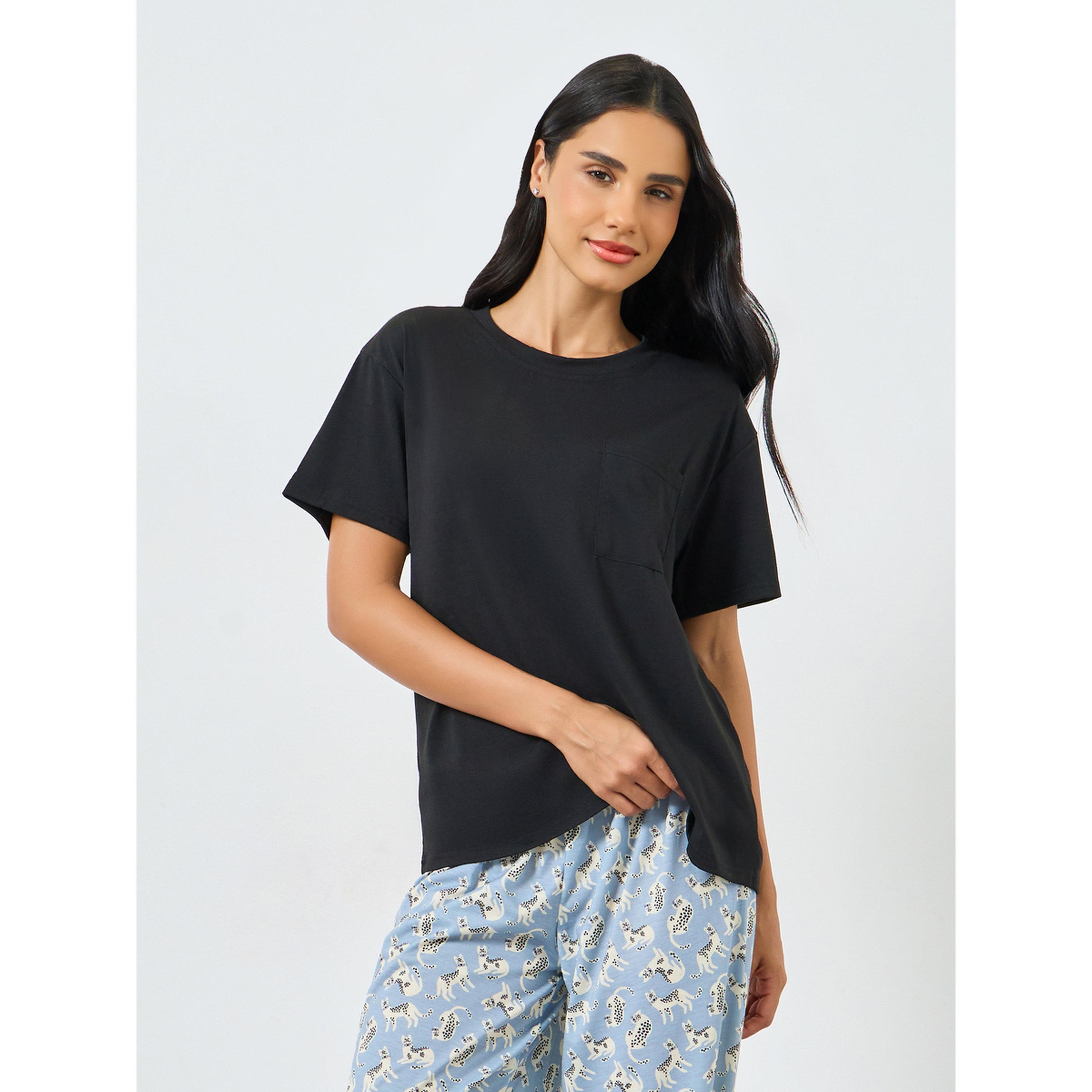 Styli Solid Pocket T-Shirt and Cat Print Pyjama Set-women-clothing-nightwear-pyjamas-longsets-image-2