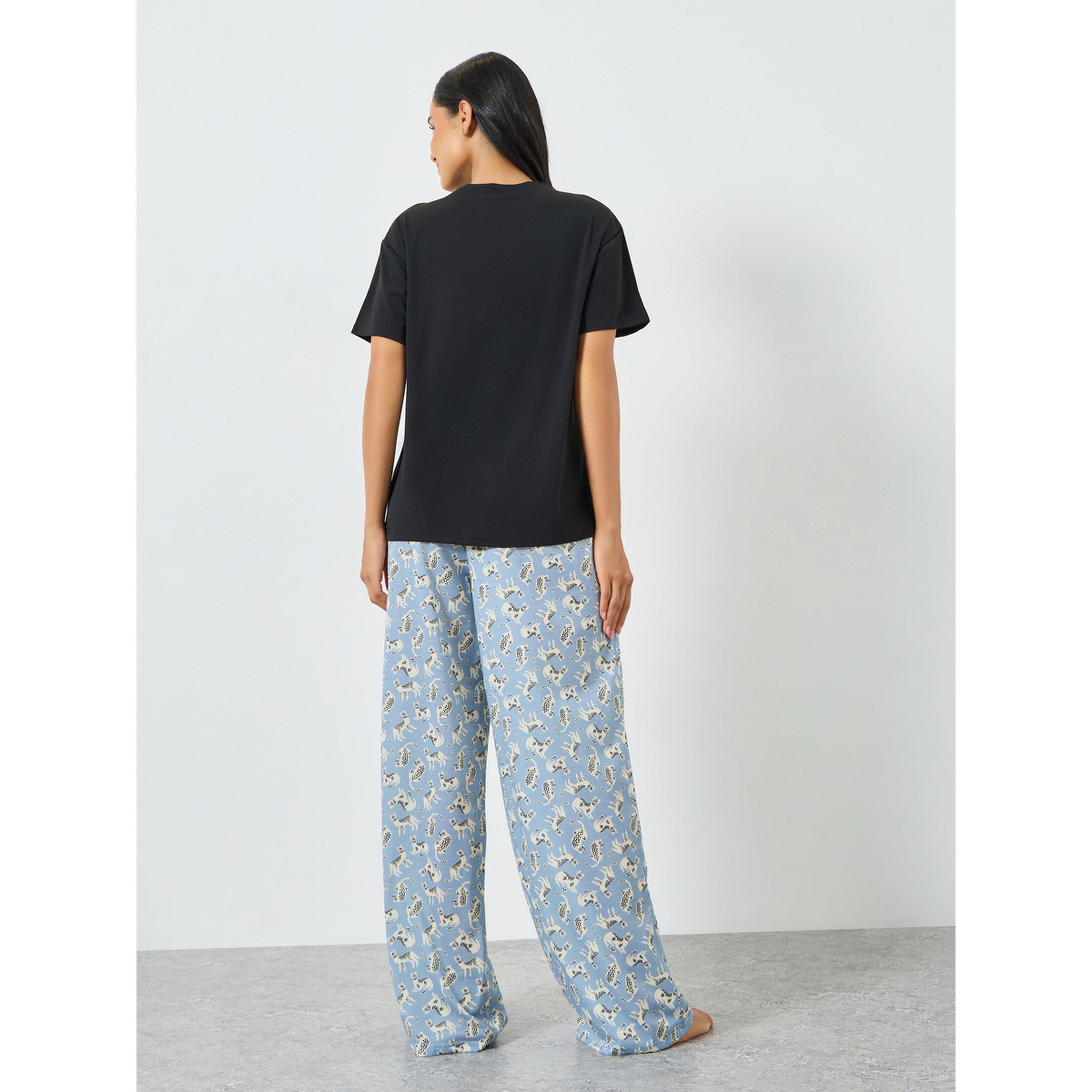 Styli Solid Pocket T-Shirt and Cat Print Pyjama Set-women-clothing-nightwear-pyjamas-longsets-image-3