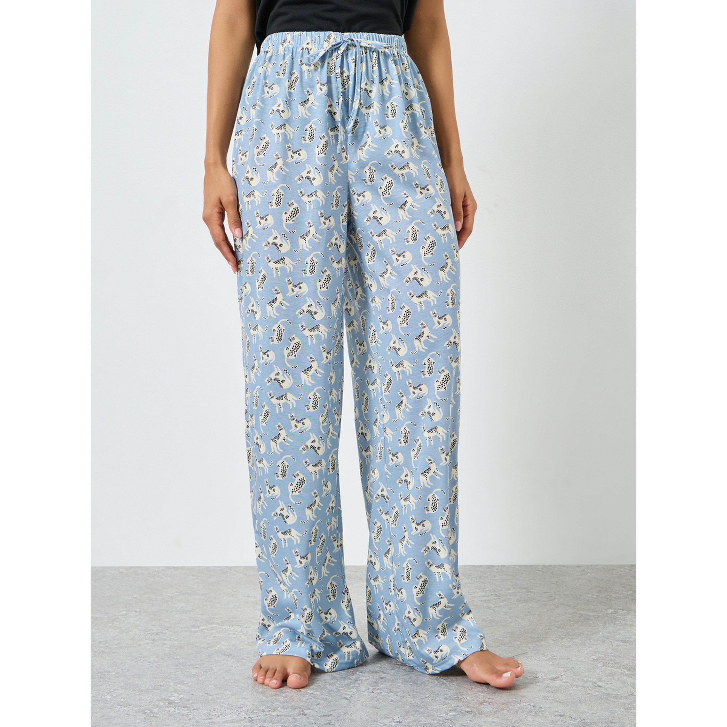 طقم بيجاما من بنطال بطبعة قطة وتيشيرت سادة بجيب-women-clothing-nightwear-pyjamas-longsets-image-4