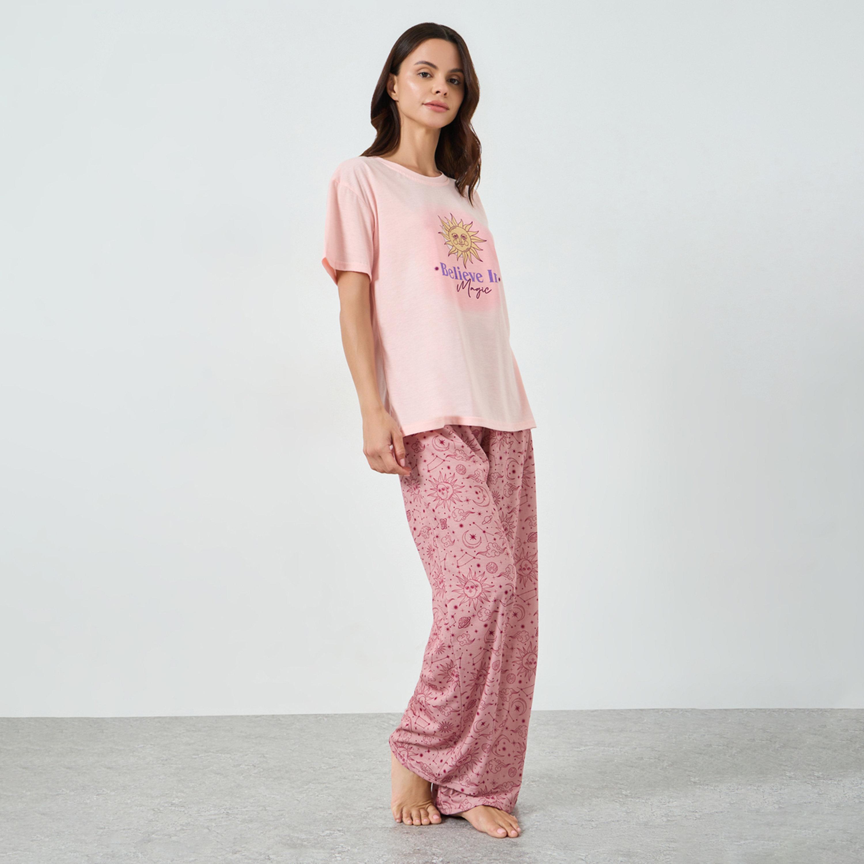 Styli Pink Sun Graphic Drop Shoulder T-Shirt and Pyjama Set-women-clothing-nightwear-pyjamas-longsets-image-1