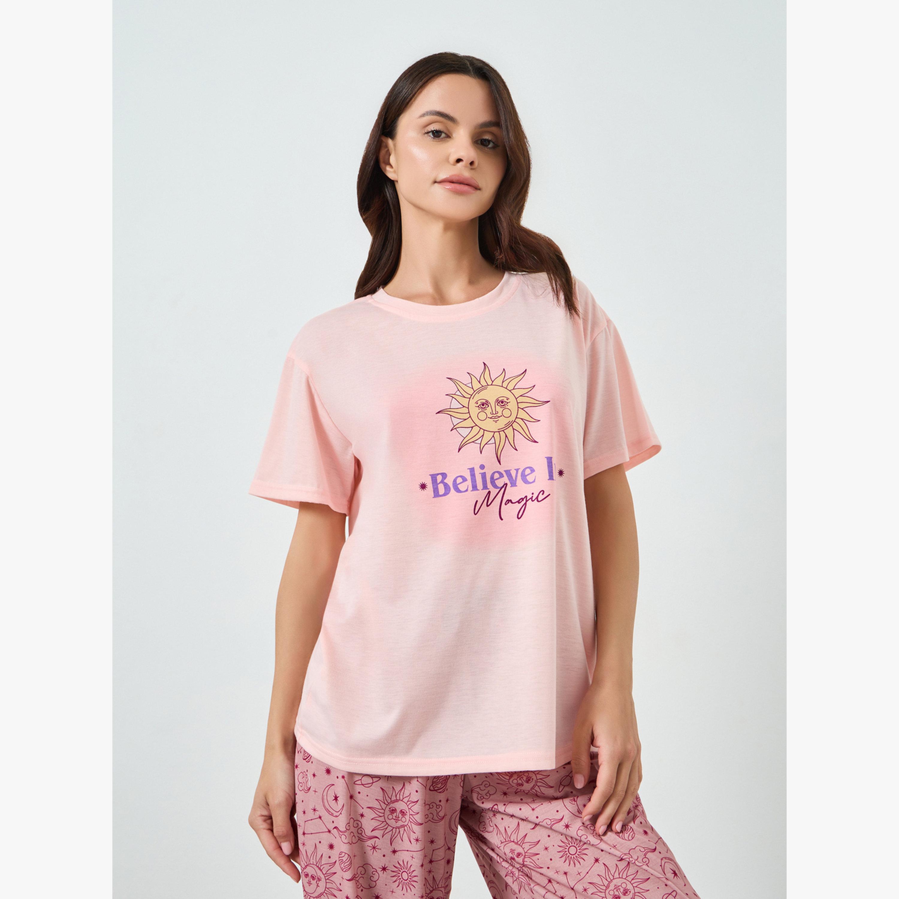 Styli Pink Sun Graphic Drop Shoulder T-Shirt and Pyjama Set-women-clothing-nightwear-pyjamas-longsets-image-2