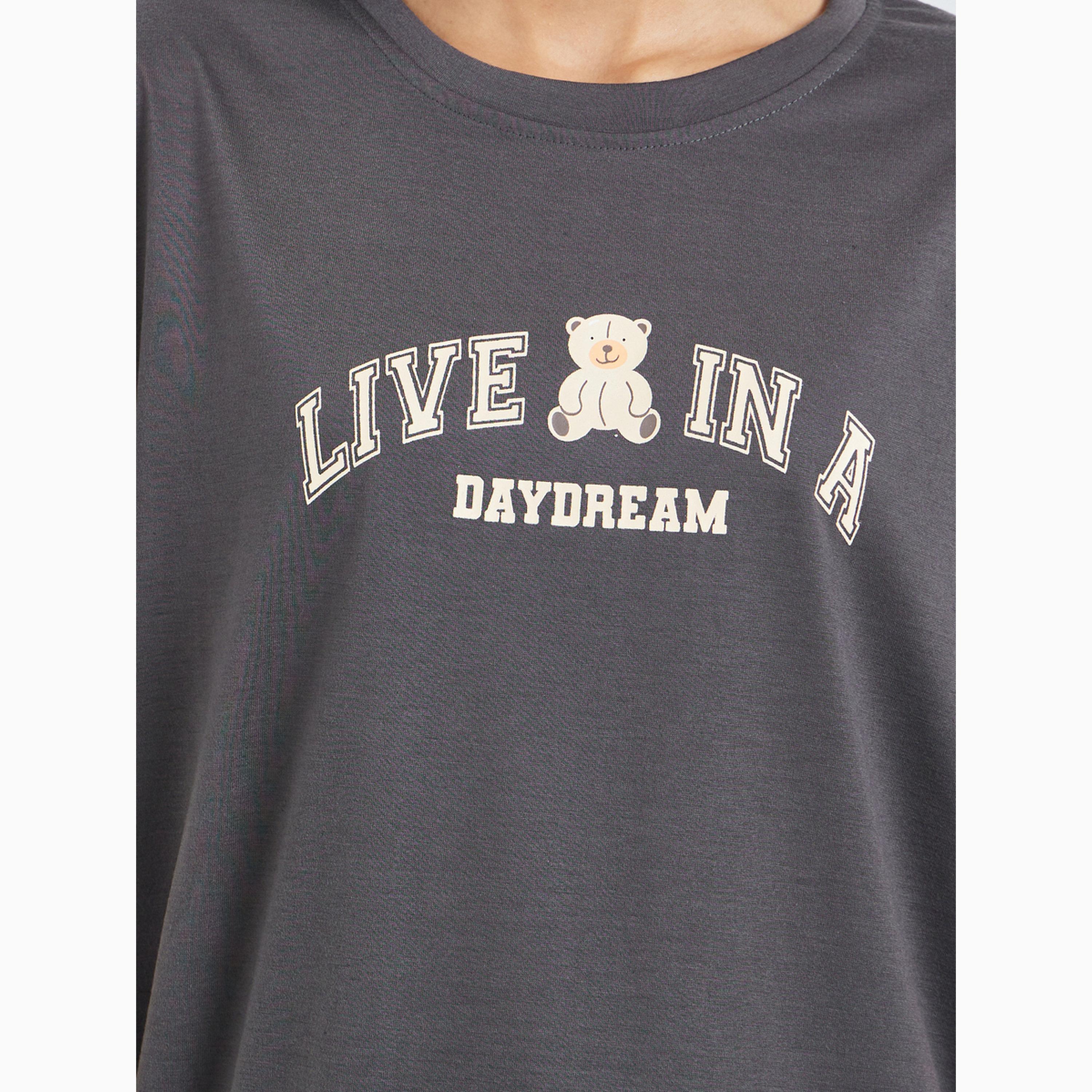Styli Teddy Slogan Drop Shoulder Side Split T-Shirt and Pyjama Set-women-clothing-nightwear-pyjamas-longsets-image-3