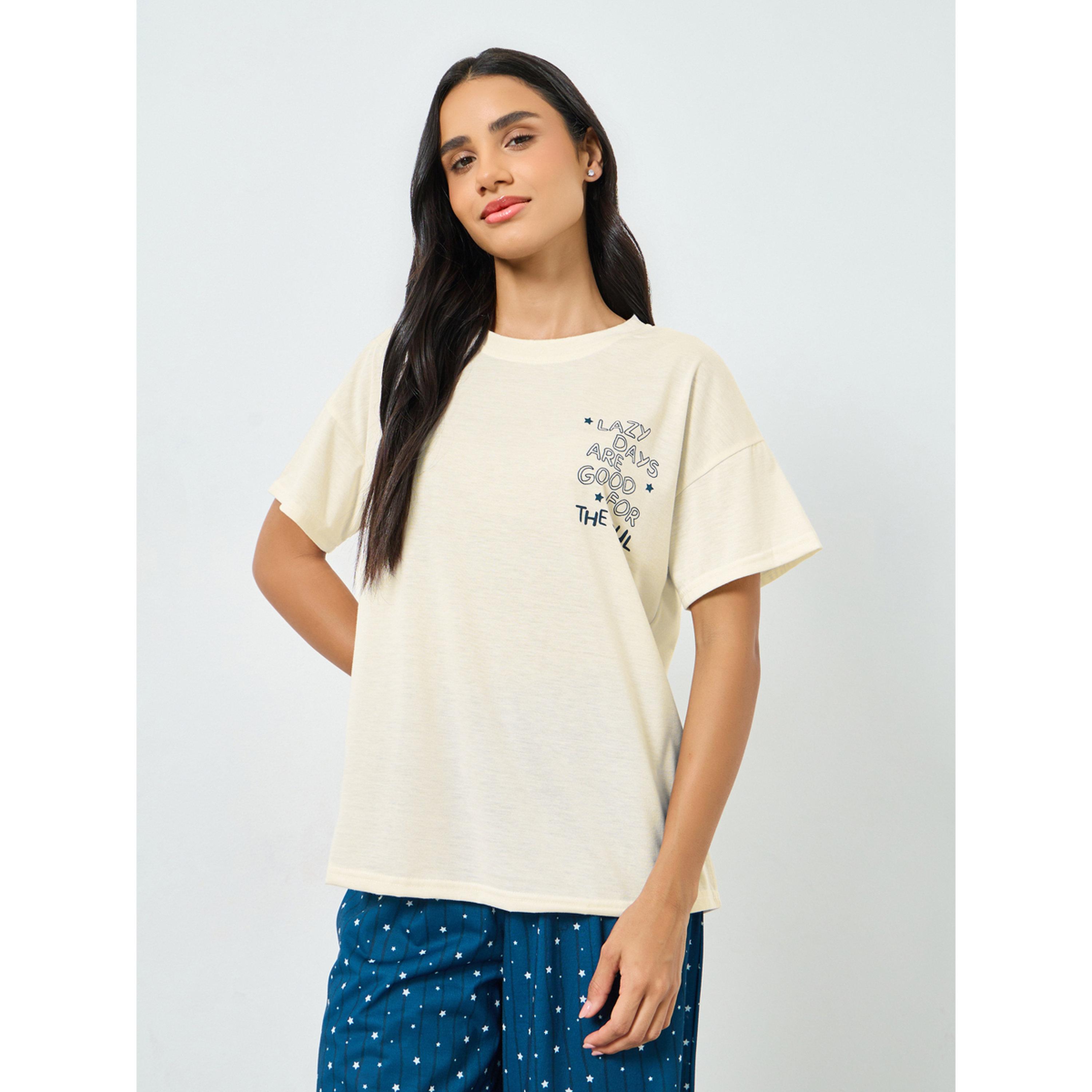 Styli Lazy Days Slogan Drop Shoulder T-Shirt and Star Pyjama Set-women-clothing-nightwear-pyjamas-longsets-image-2