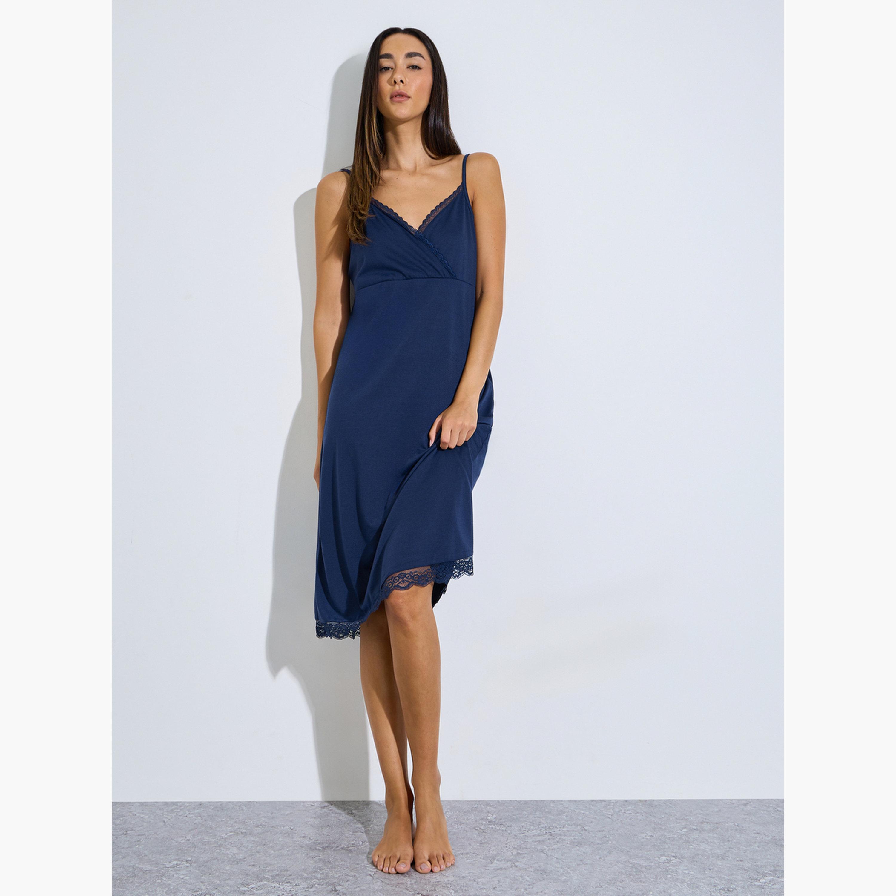 Styli Navy Blue Lace Trim Strappy Slip Dress Nightwear-women-clothing-nightwear-nighties-image-2