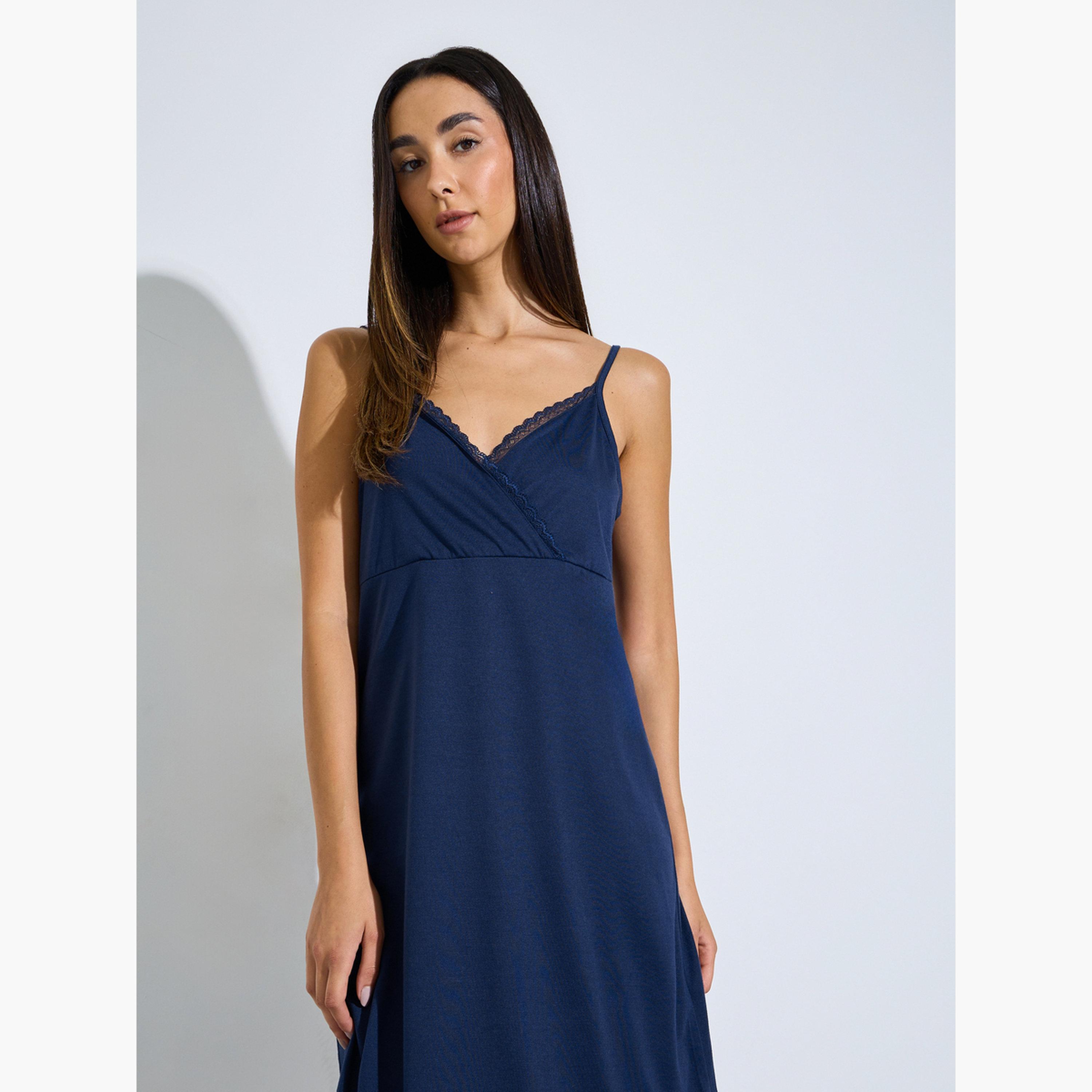 Styli Navy Blue Lace Trim Strappy Slip Dress Nightwear-women-clothing-nightwear-nighties-image-4