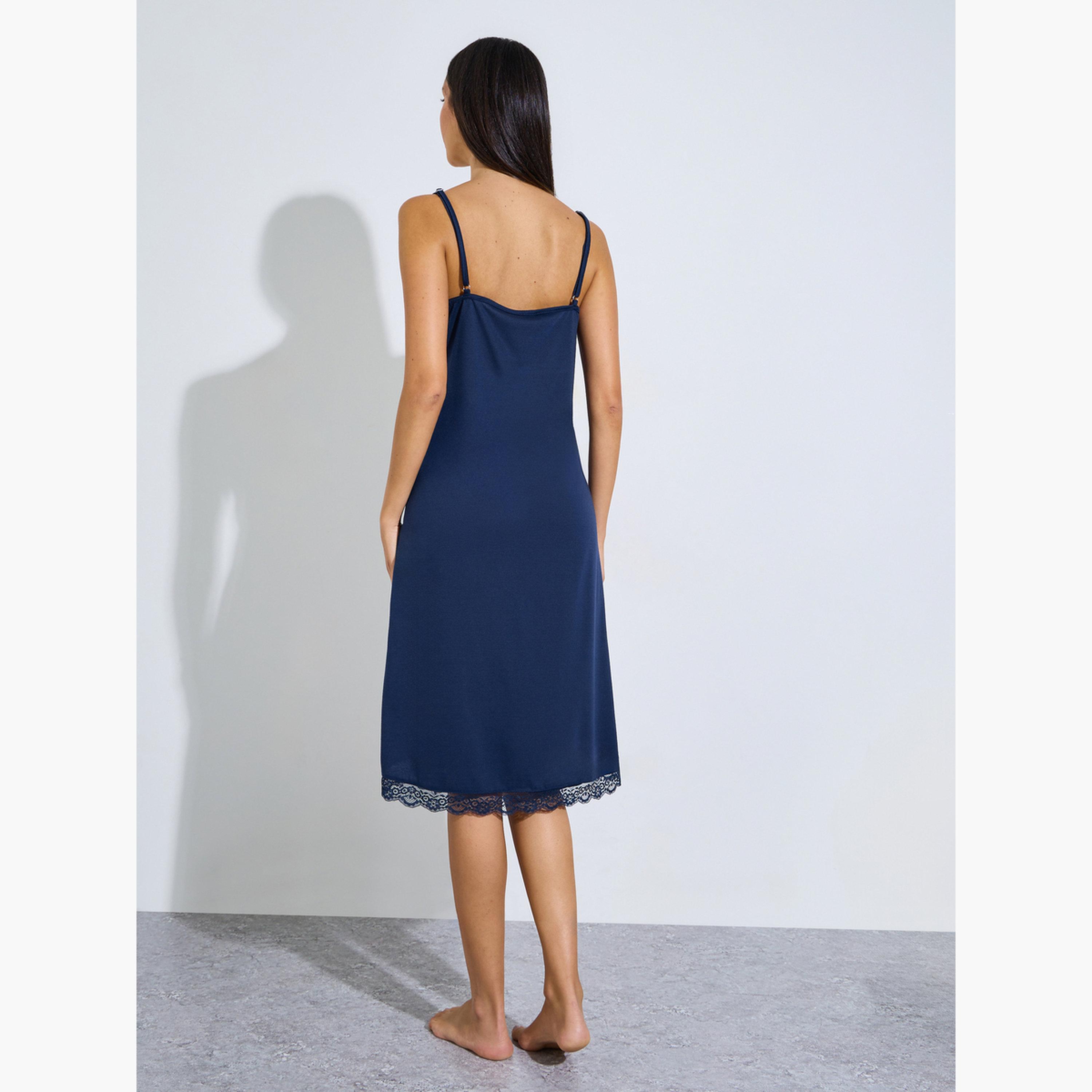 Styli Navy Blue Lace Trim Strappy Slip Dress Nightwear-women-clothing-nightwear-nighties-image-5
