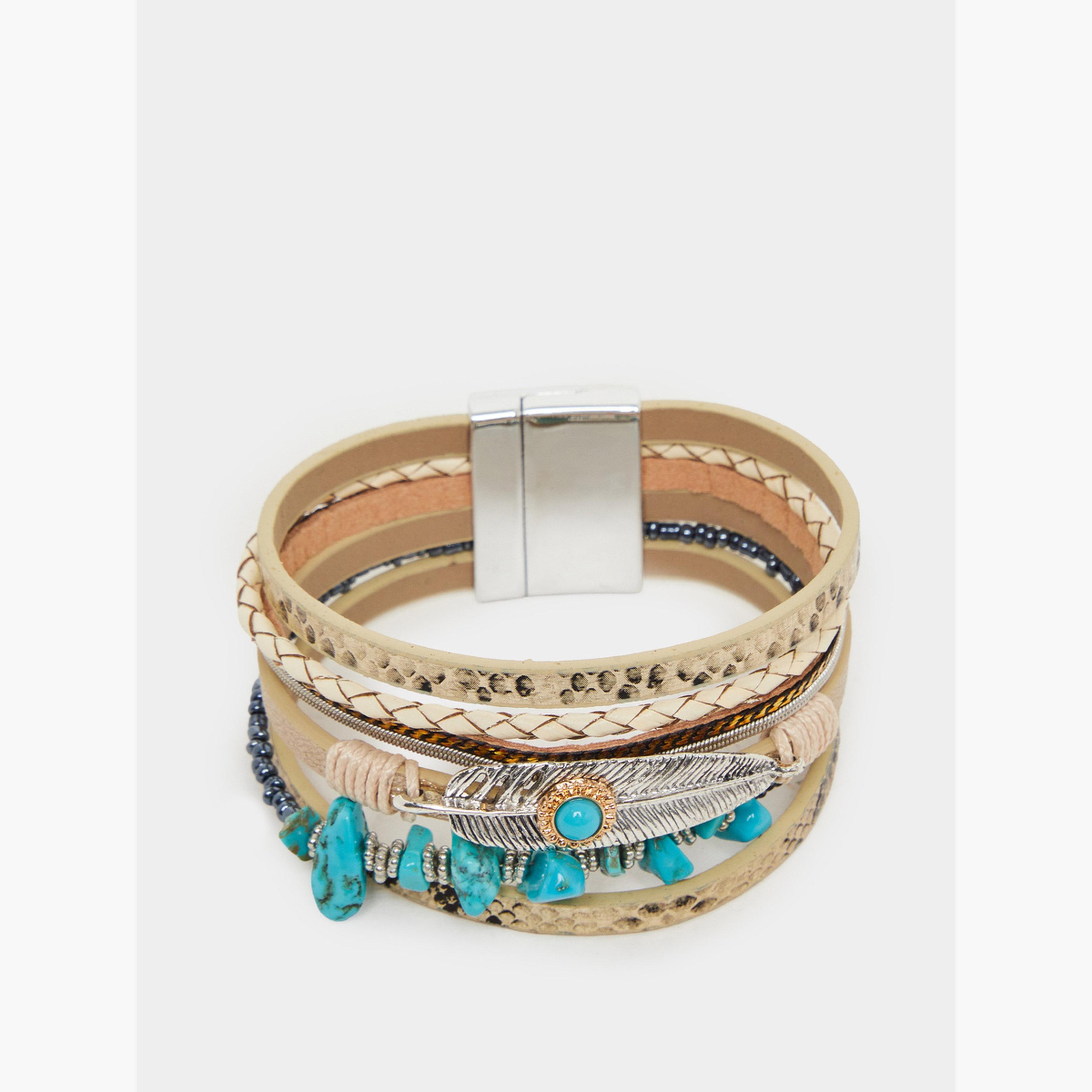 سوار متعدد الطبقات بتصميم ريش فيروزي بوهيمي-women-watchesandjewellery-jewellery-banglesandbracelets-image-1